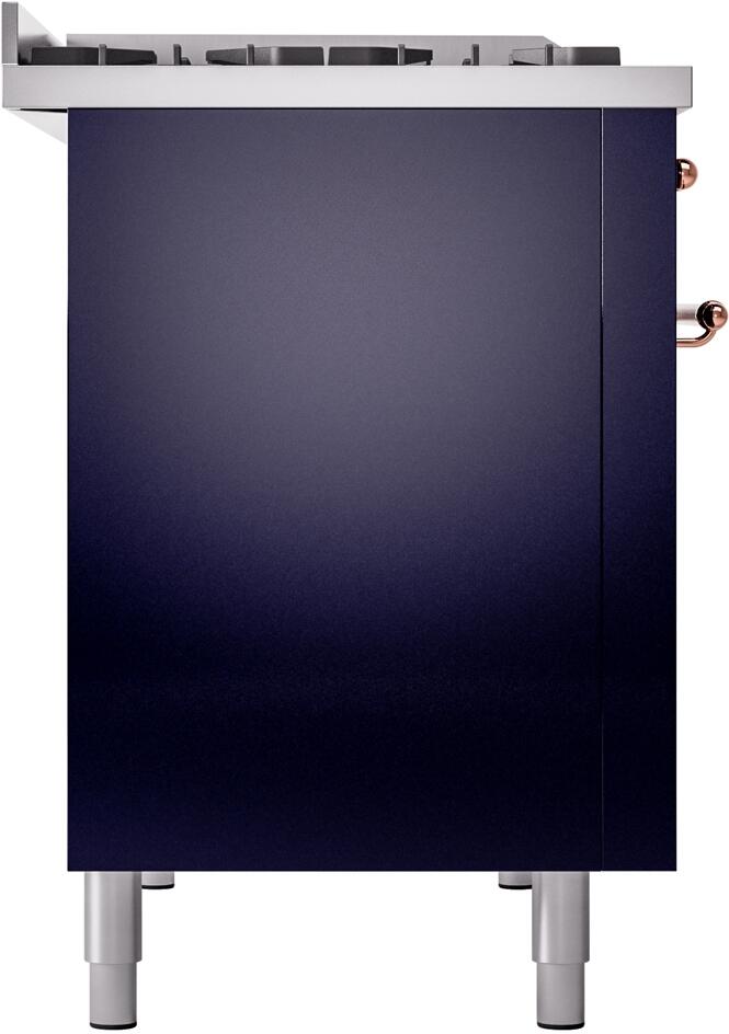 Midnight blue freestanding gas range with copper-trimmed base and leveling legs
