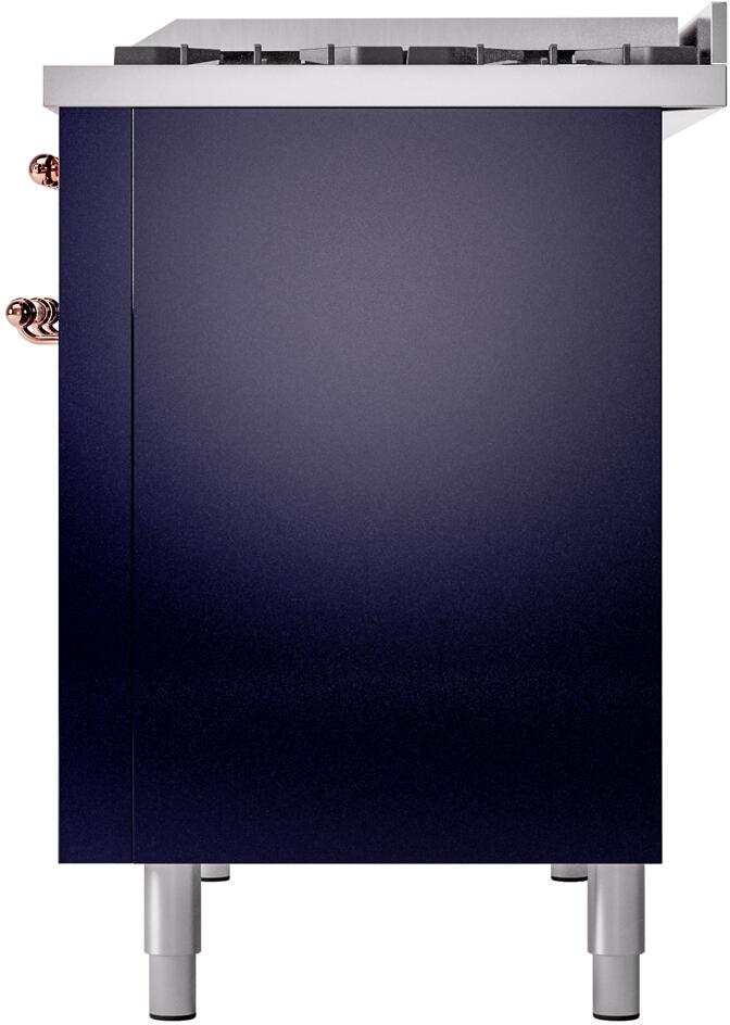 Midnight blue side panel of a freestanding dual fuel range with copper knobs and legs.