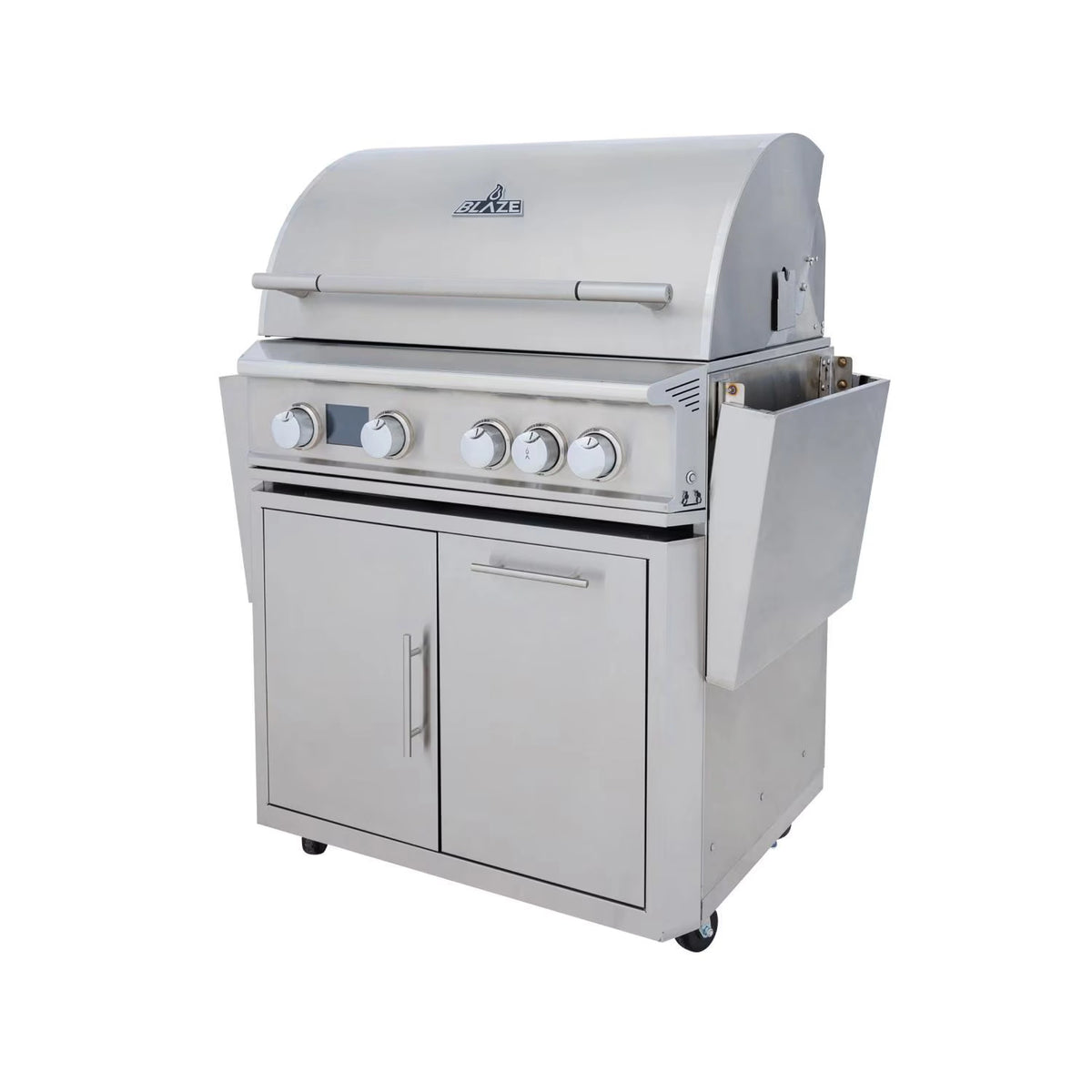 Stainless steel Blaze gas grill cart with open lid and side access panel