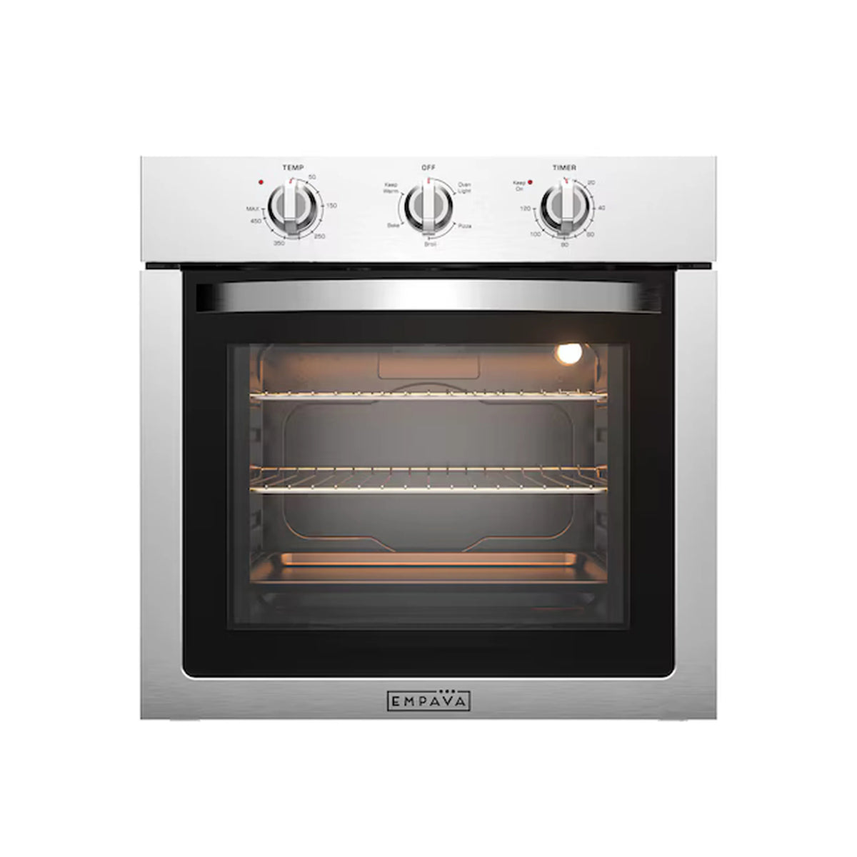 Stainless steel single wall oven front view with control knobs and lit interior