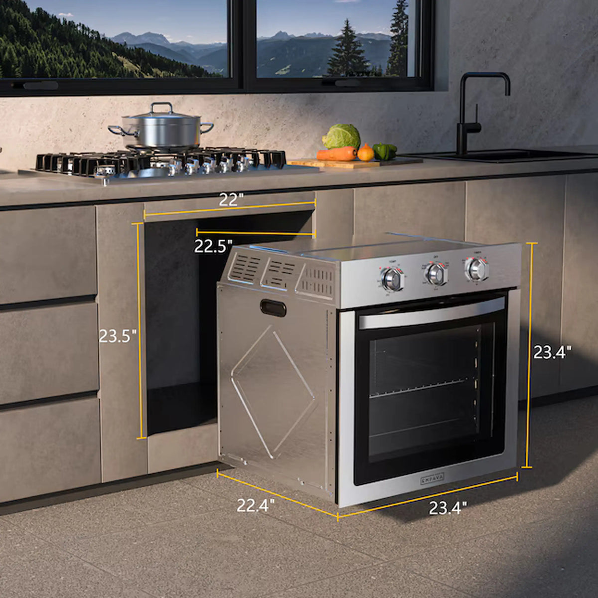 24-inch single electric wall oven, stainless steel front with control knobs and door