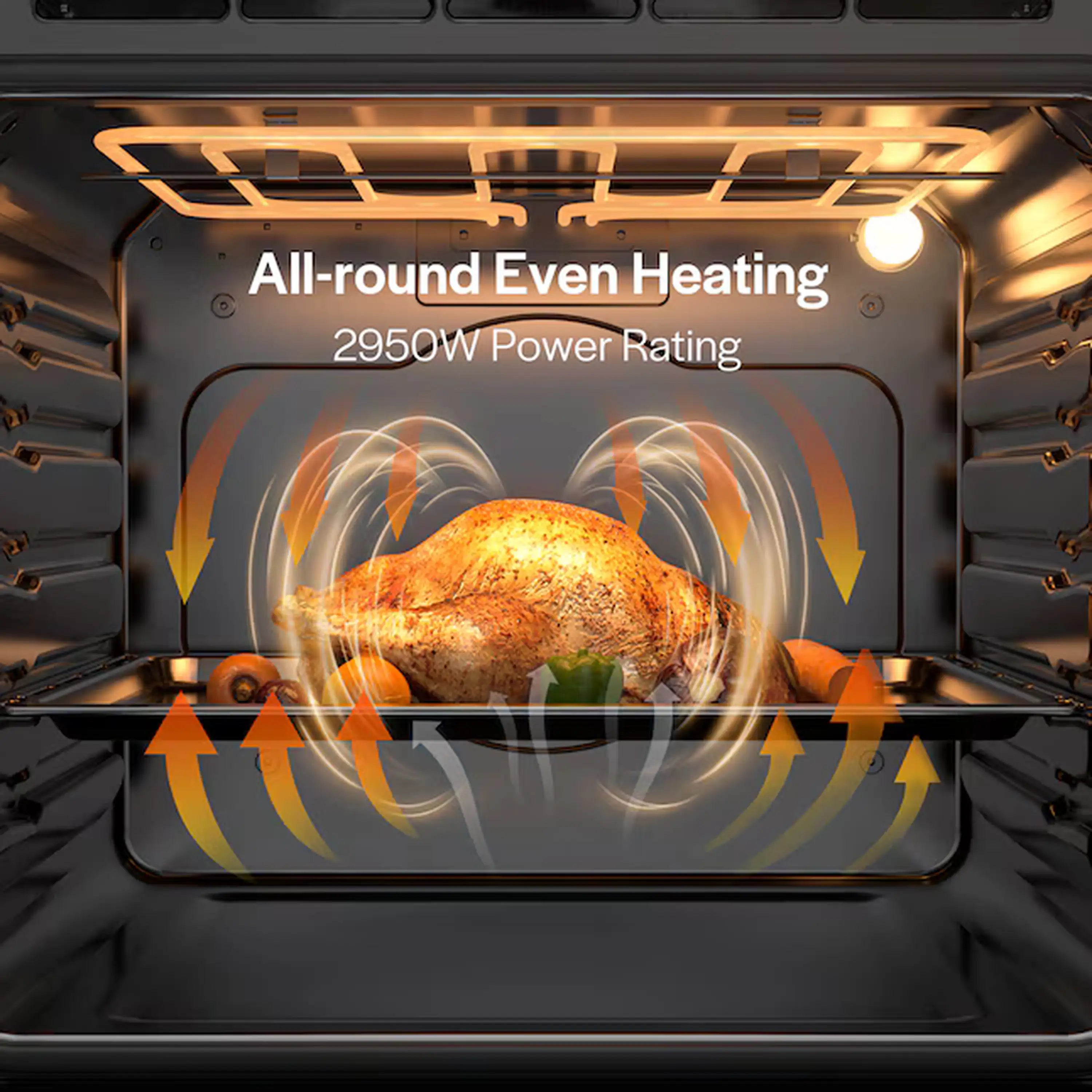 Stainless steel single wall oven with warm-lit interior and roasting chicken inside
