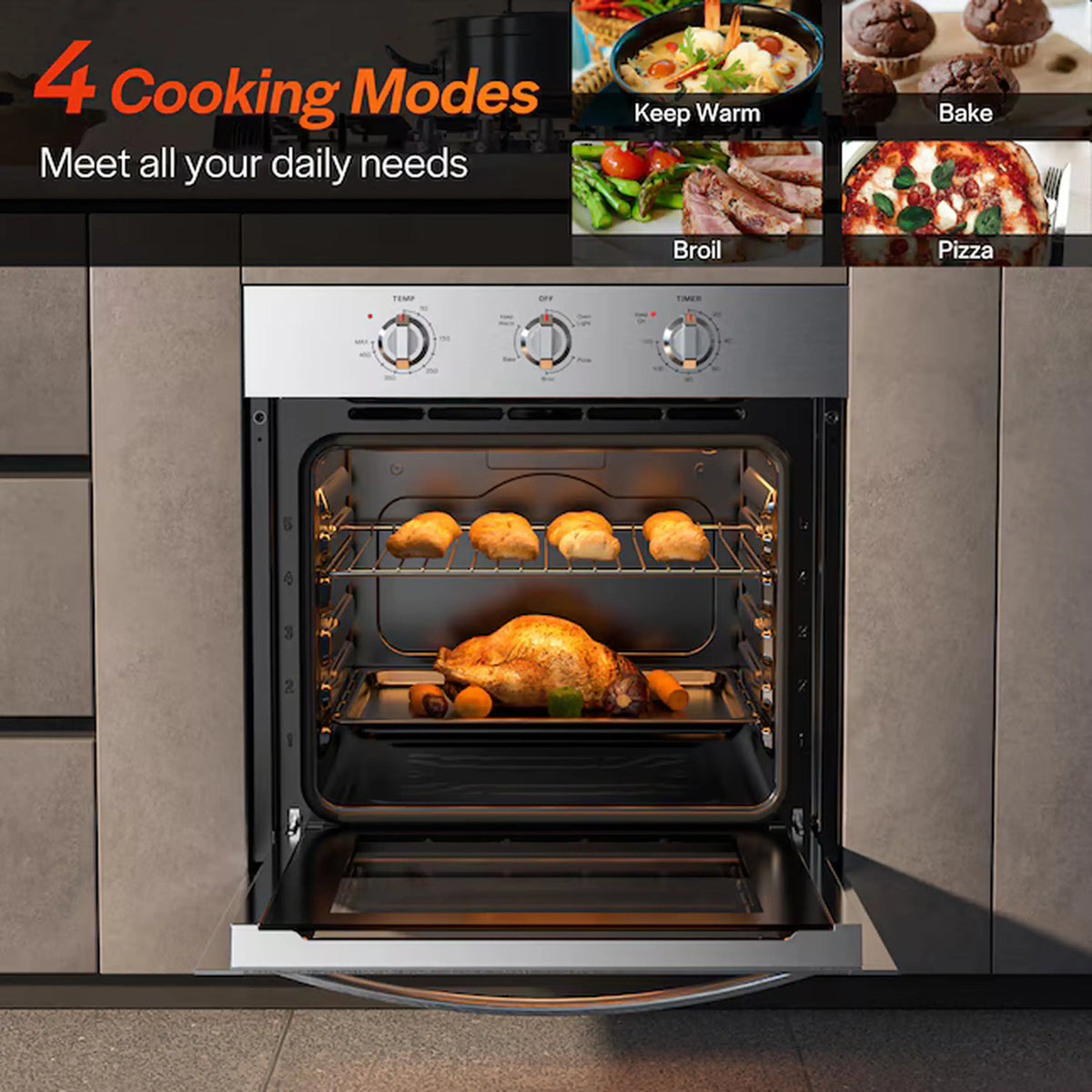Stainless steel single wall oven with door open, baking trays and food on racks