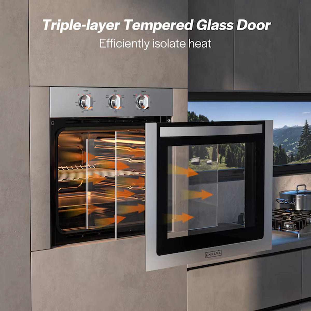 Stainless steel wall oven with triple-layer glass door and heated interior