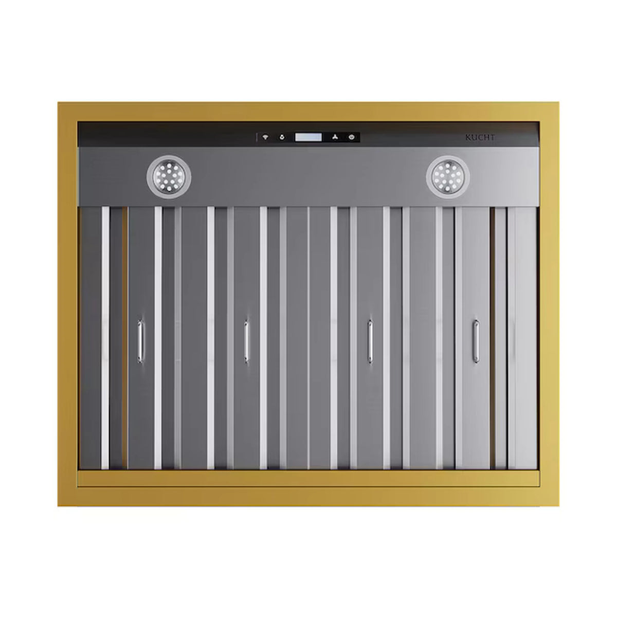 Ducted range hood front with stainless baffles, two round lights, and gold frame