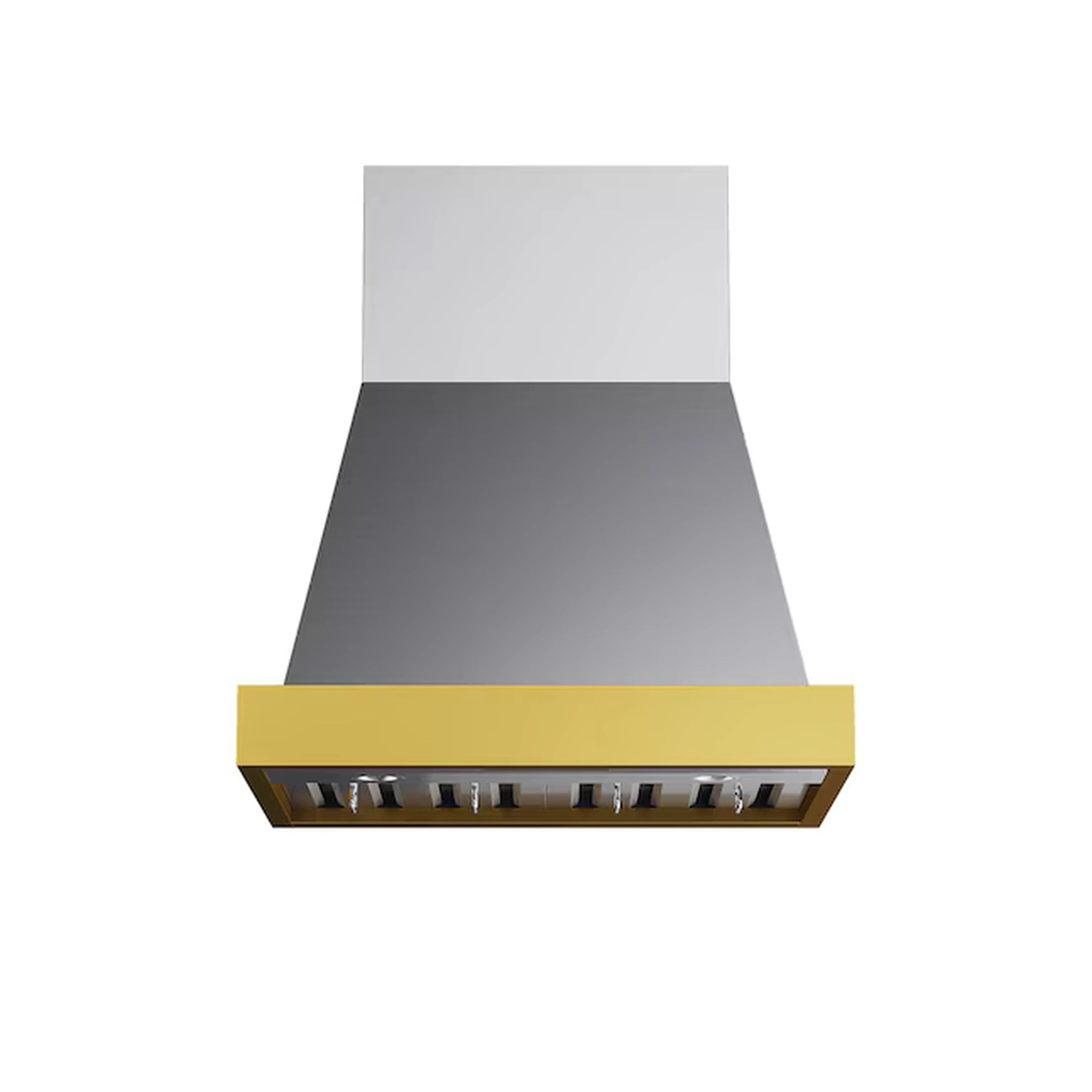 Stainless steel ducted wall-mount range hood with gold-trimmed canopy and vent slots