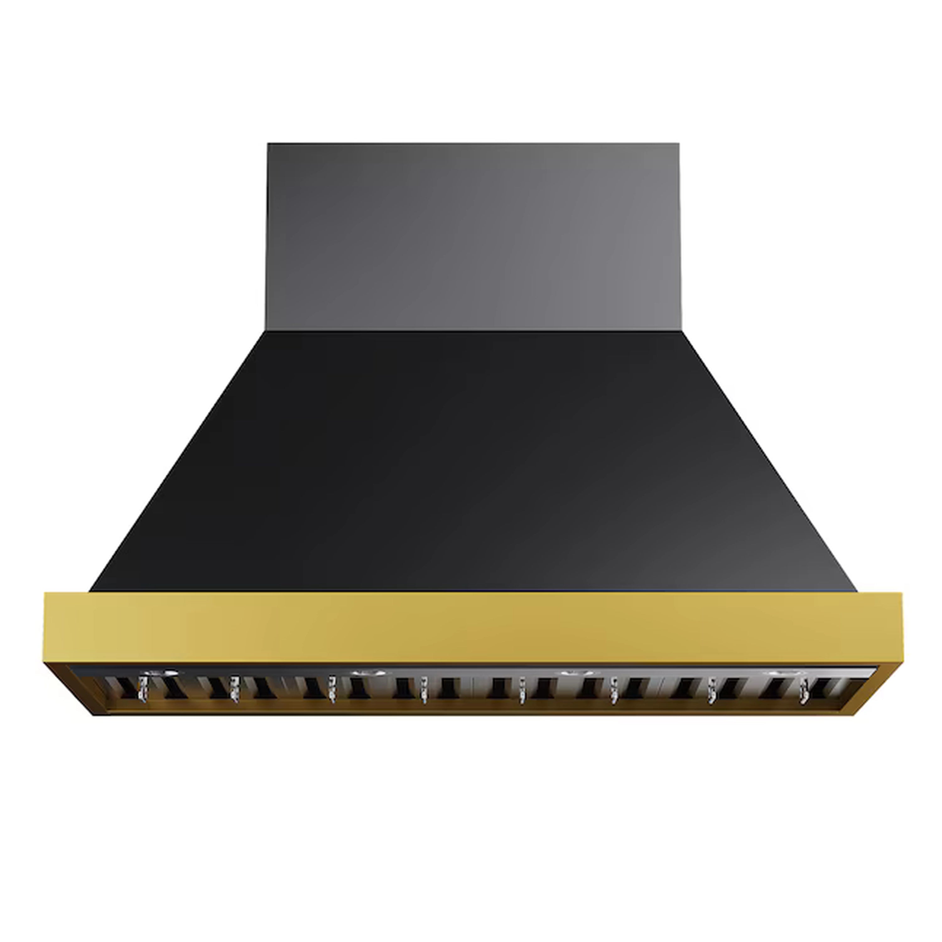 Dark stainless steel ducted wall range hood with gold trim and black canopy