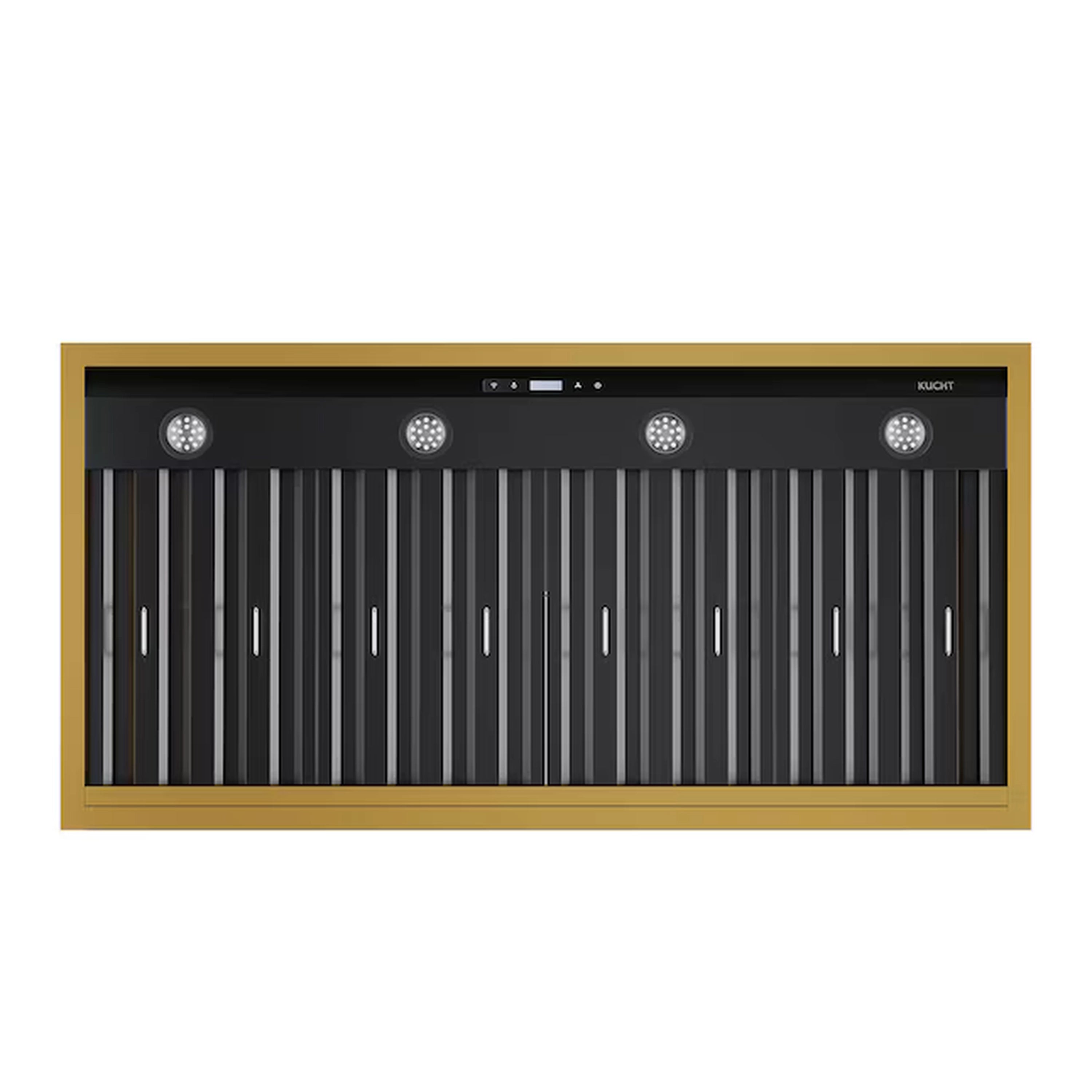 Kucht dark wall range hood front panel with gold frame and round control lights