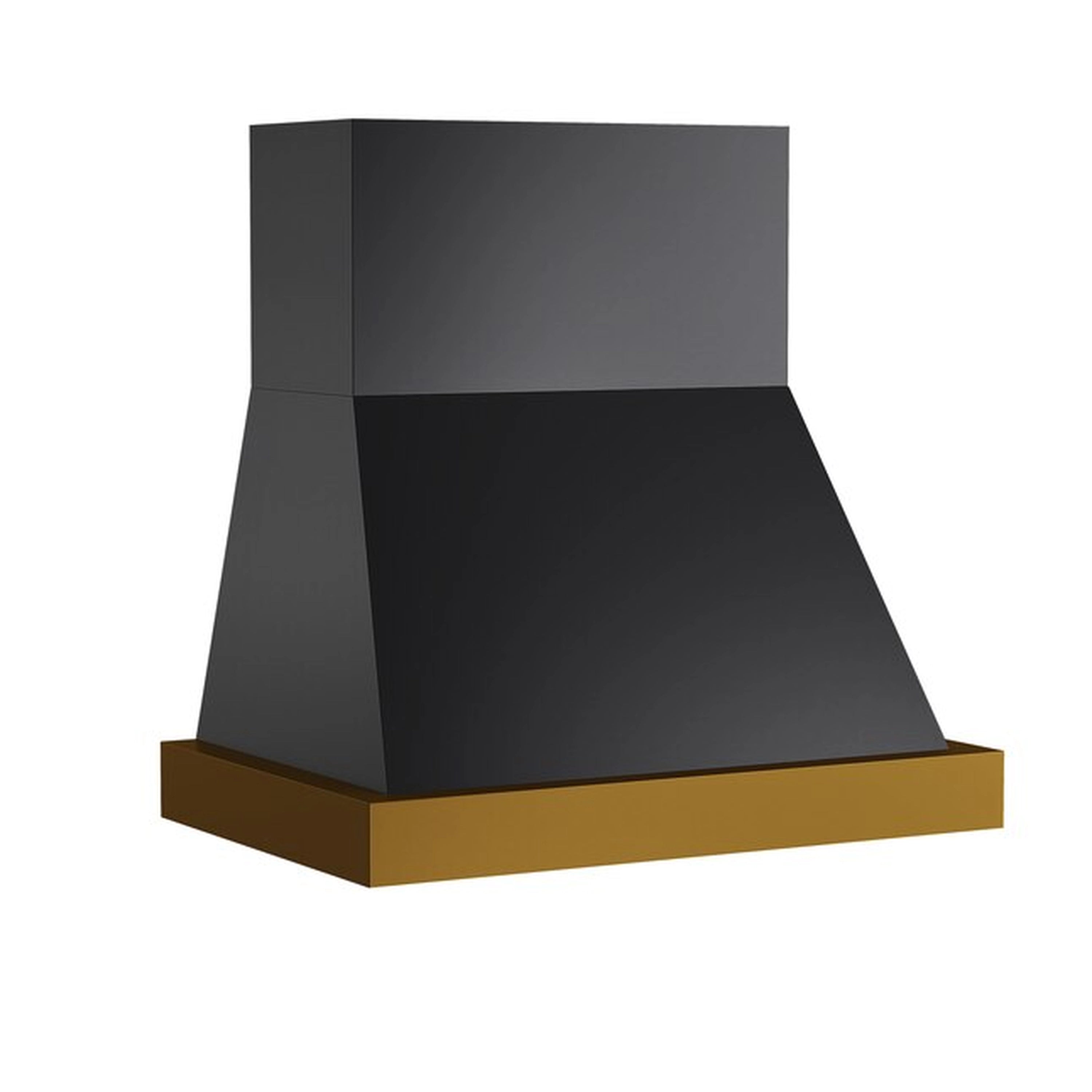 Wall-mounted range hood with dark chimney cover and gold-accented bottom trim