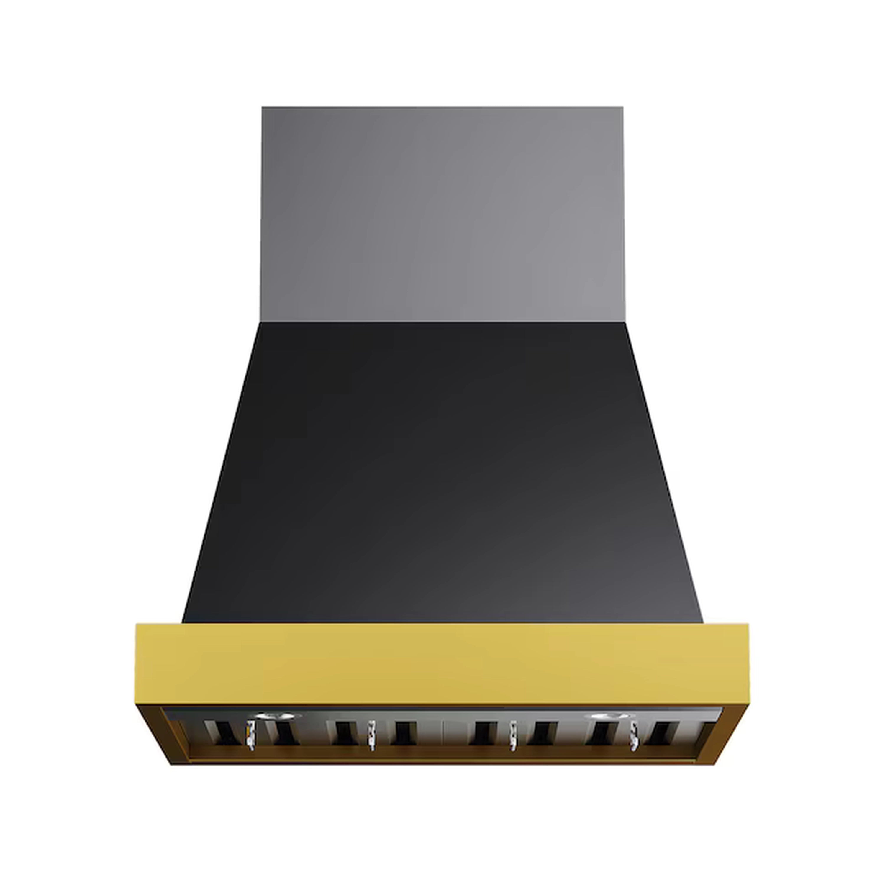 Dark chimney range hood with gold bottom band and row of vent controls