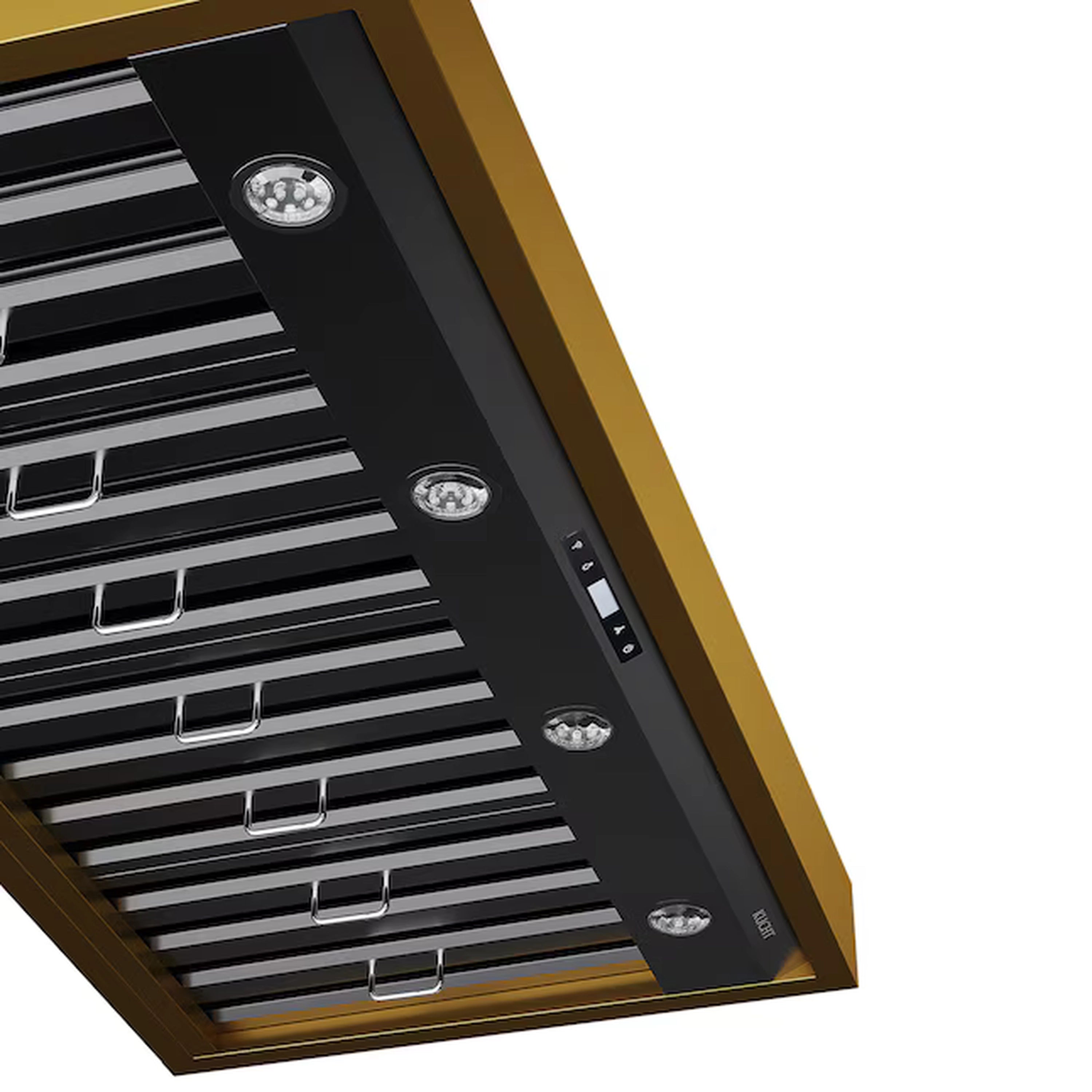 Under-hood view of dark range hood with gold edge, grille vents, and LED buttons