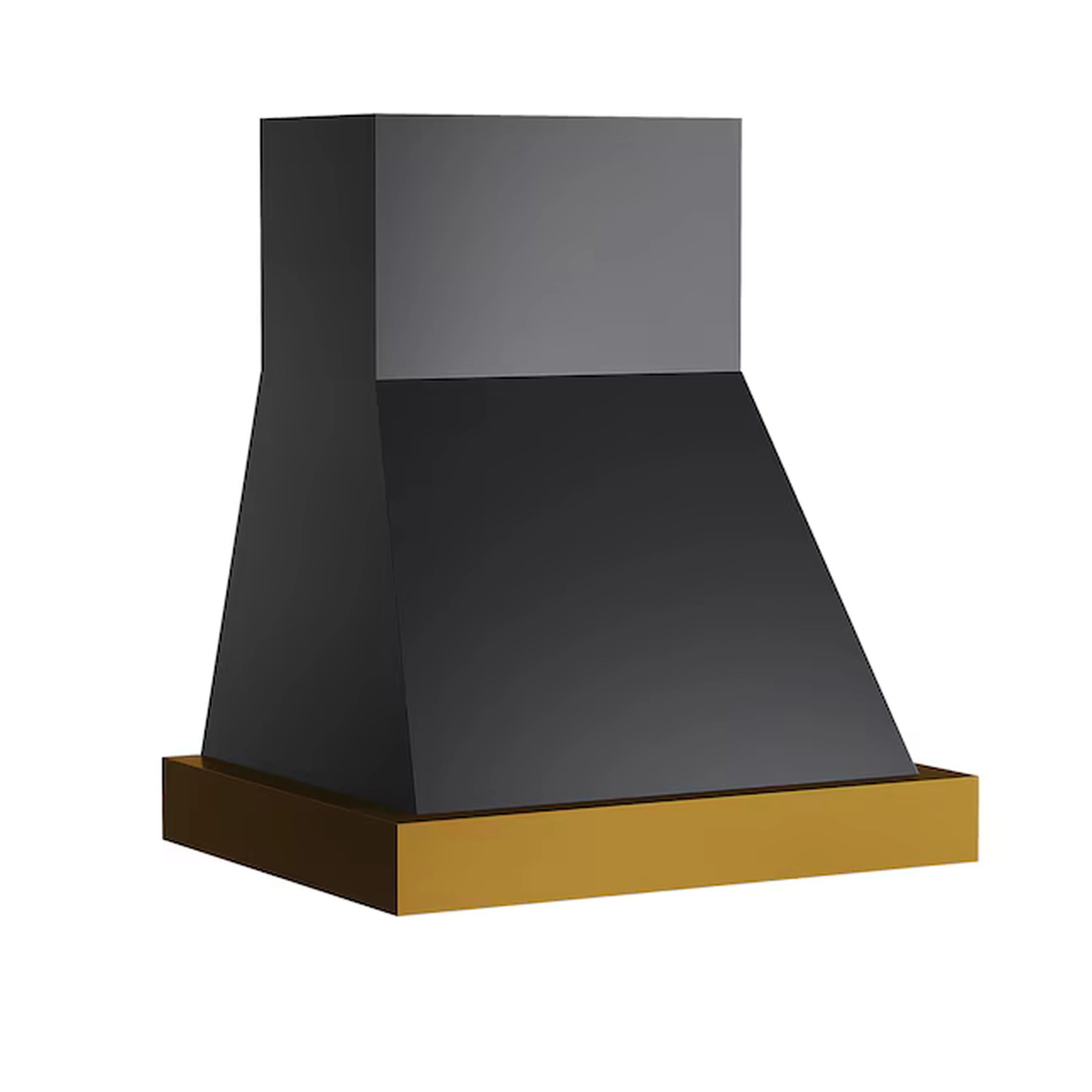 Ducted wall range hood in dark stainless steel with gold-toned front panel