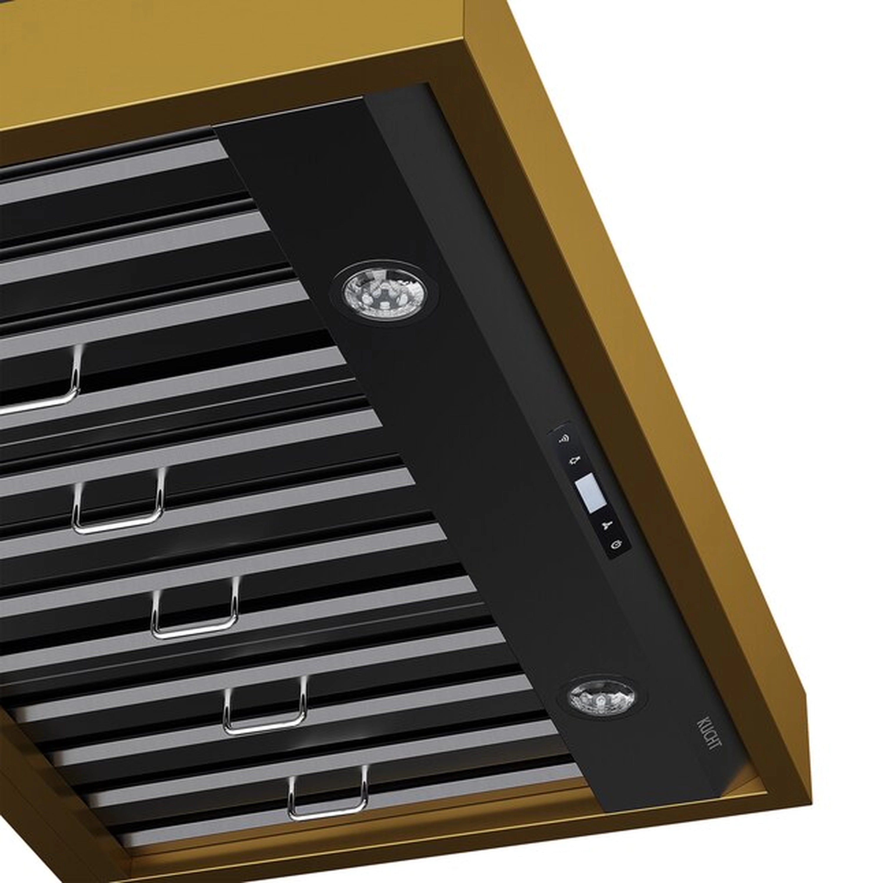 Range hood control bar in dark finish with gold side trim and circular indicator lights