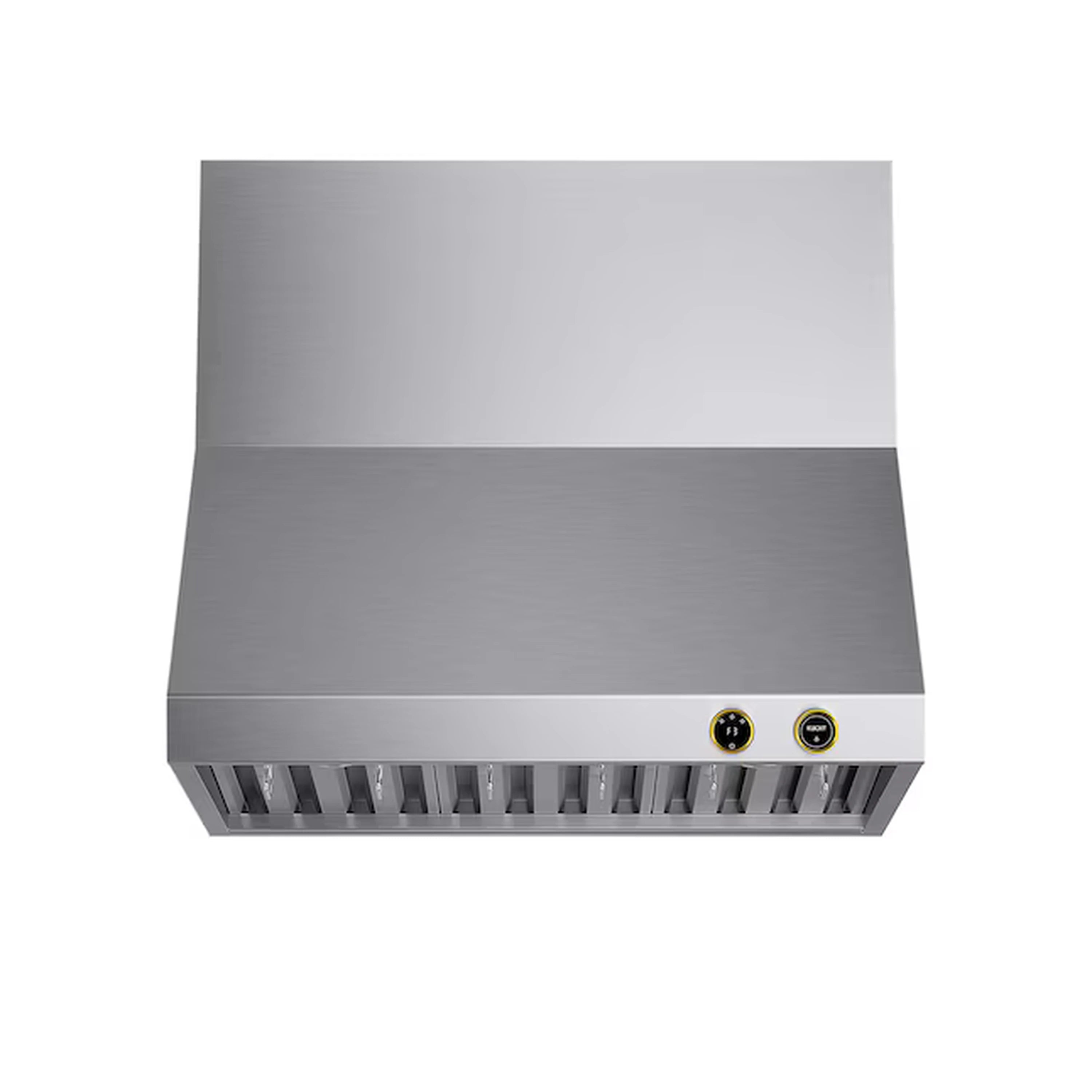 Stainless steel ducted wall range hood with gold-accent control buttons