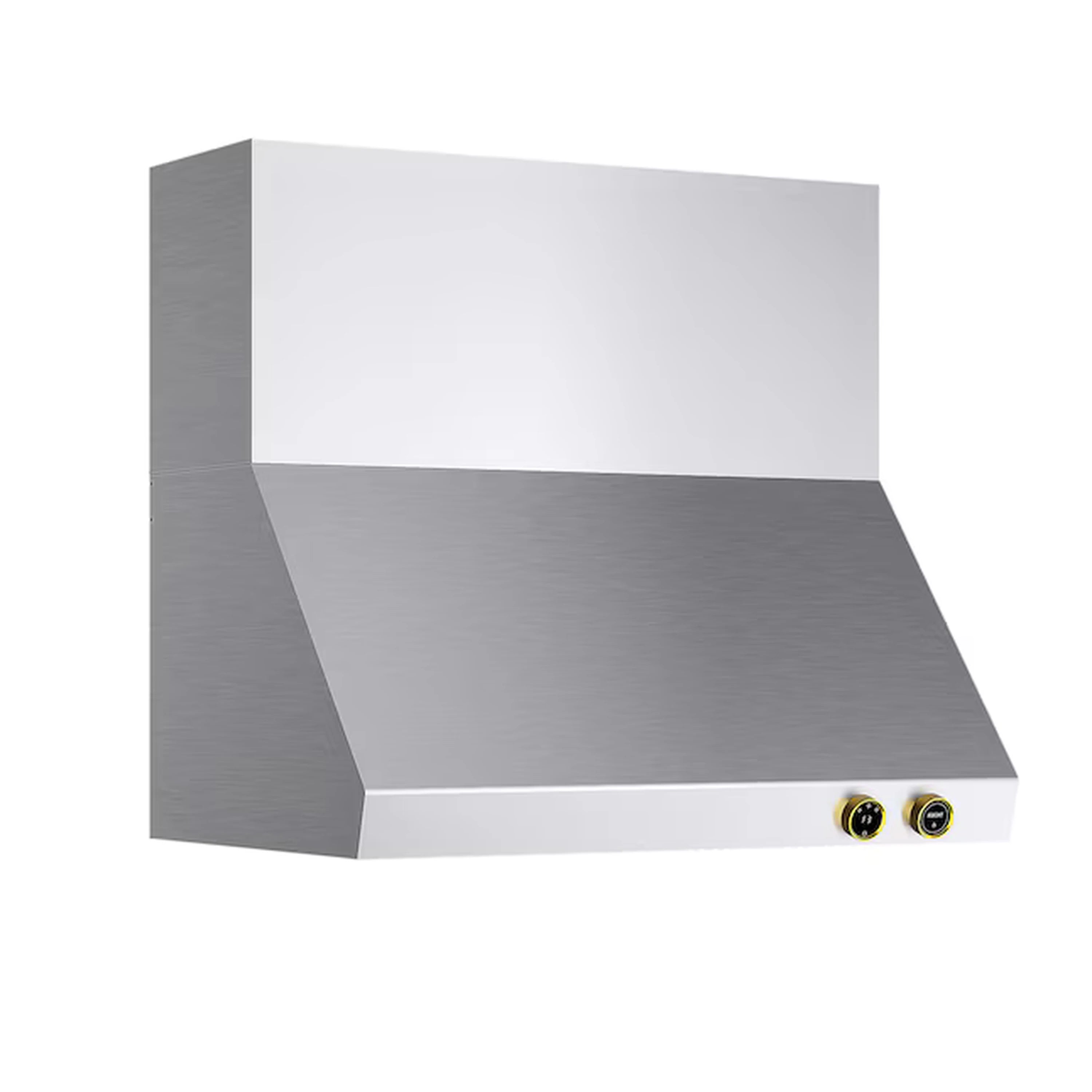 Stainless steel ducted wall range hood with gold-accent control knobs