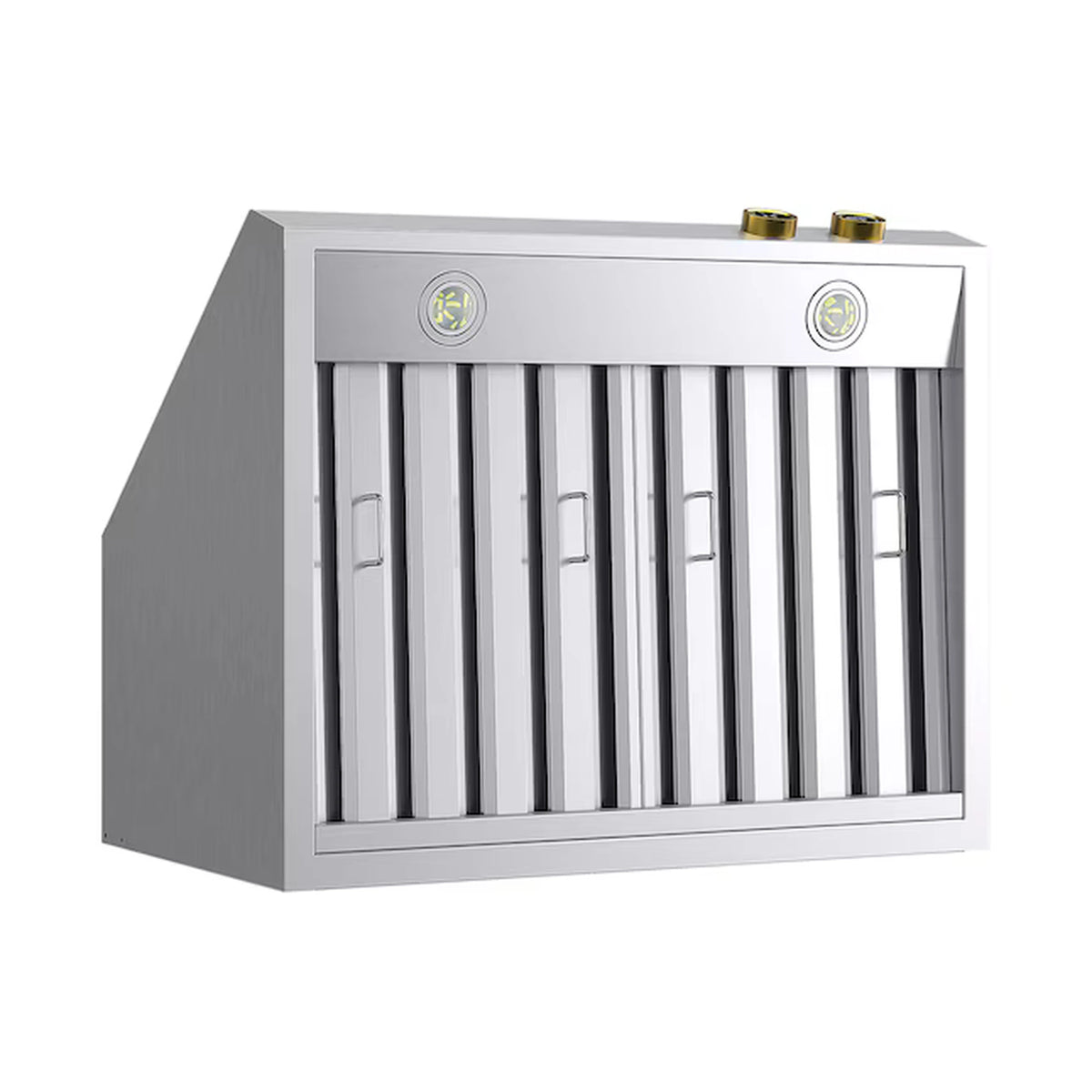 Stainless under-cabinet range hood with vertical filters and gold-trim control knobs