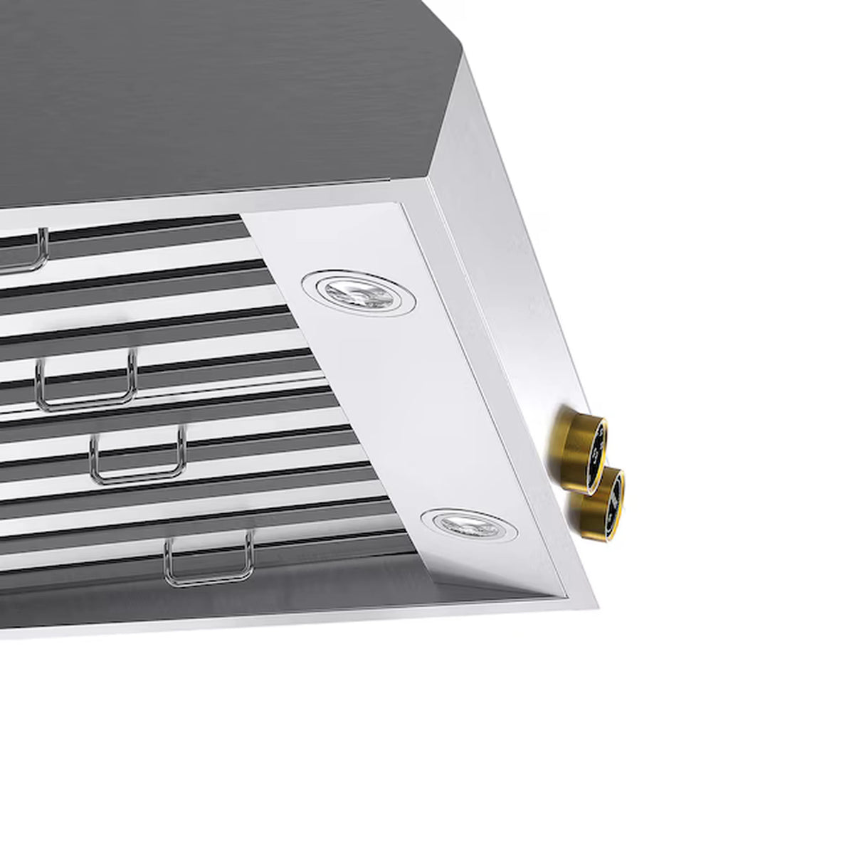 Stainless range hood underside with vent openings and two recessed circular fan covers