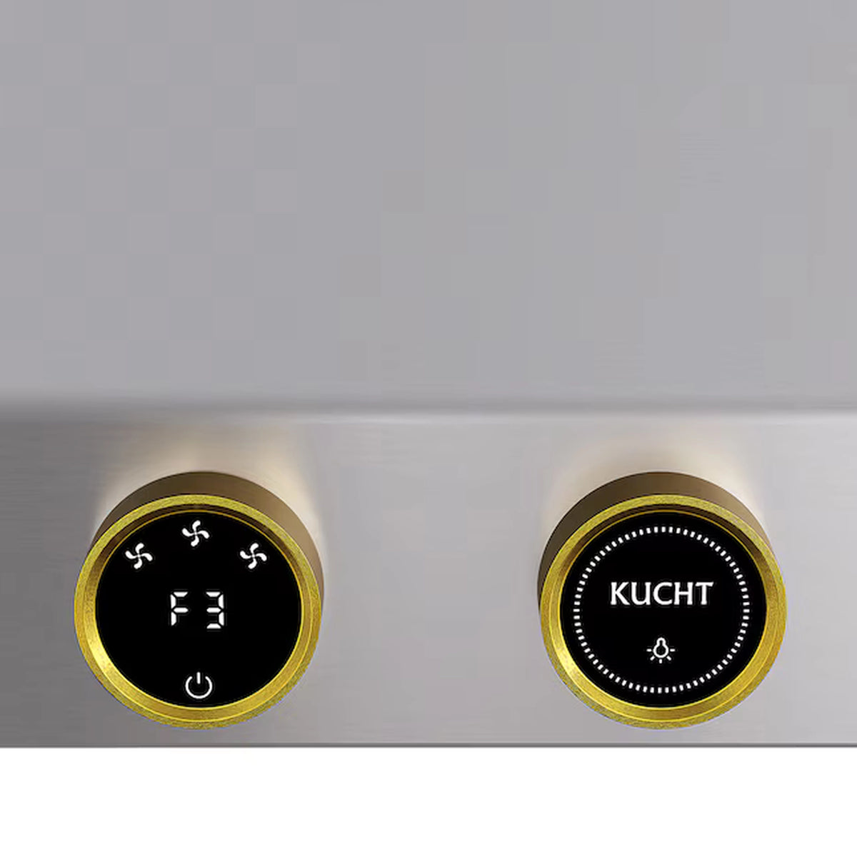 Stainless steel range hood control knobs with gold trim, KUCHT branding, and light symbols.