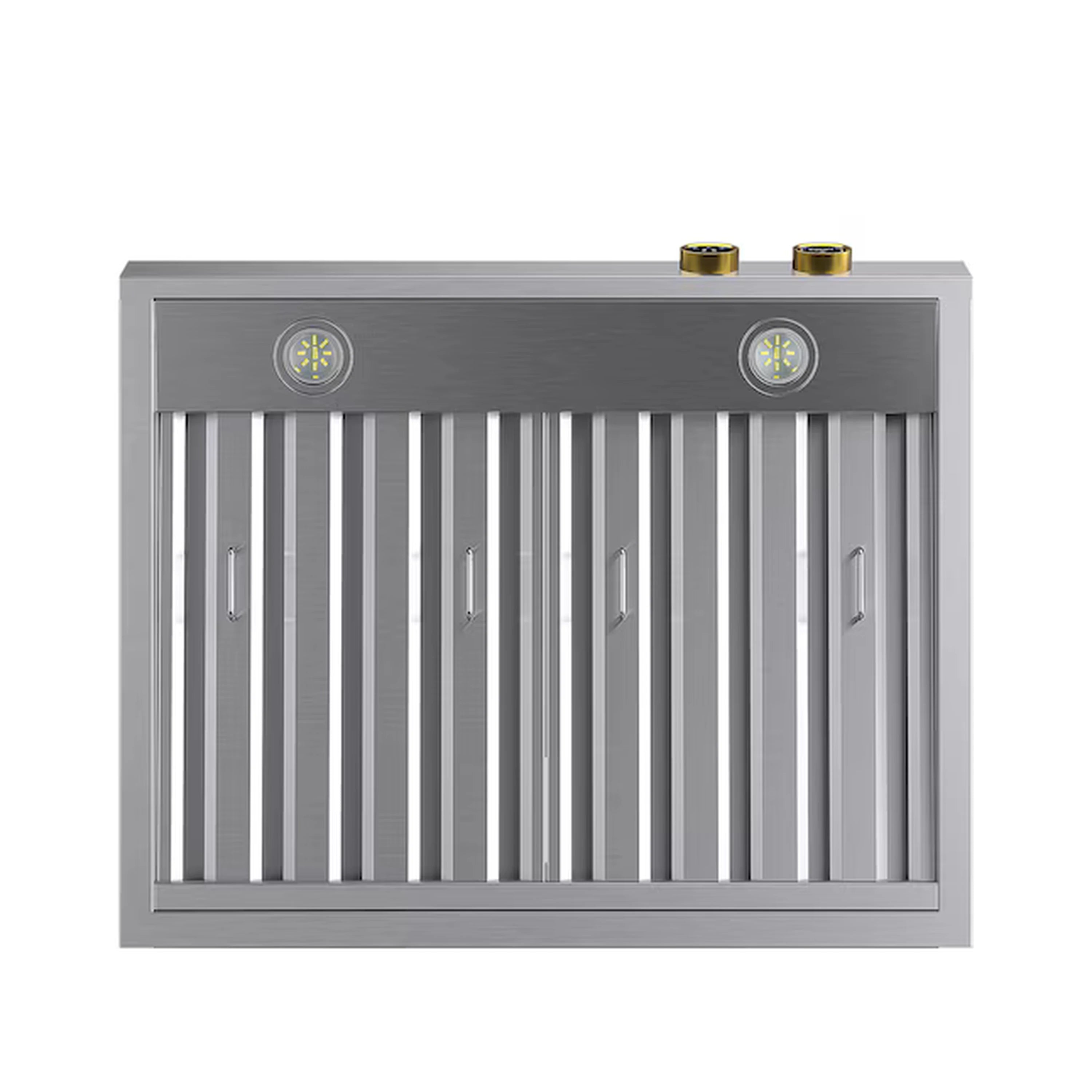 Stainless under-cabinet range hood with vertical baffle filters and gold control accents