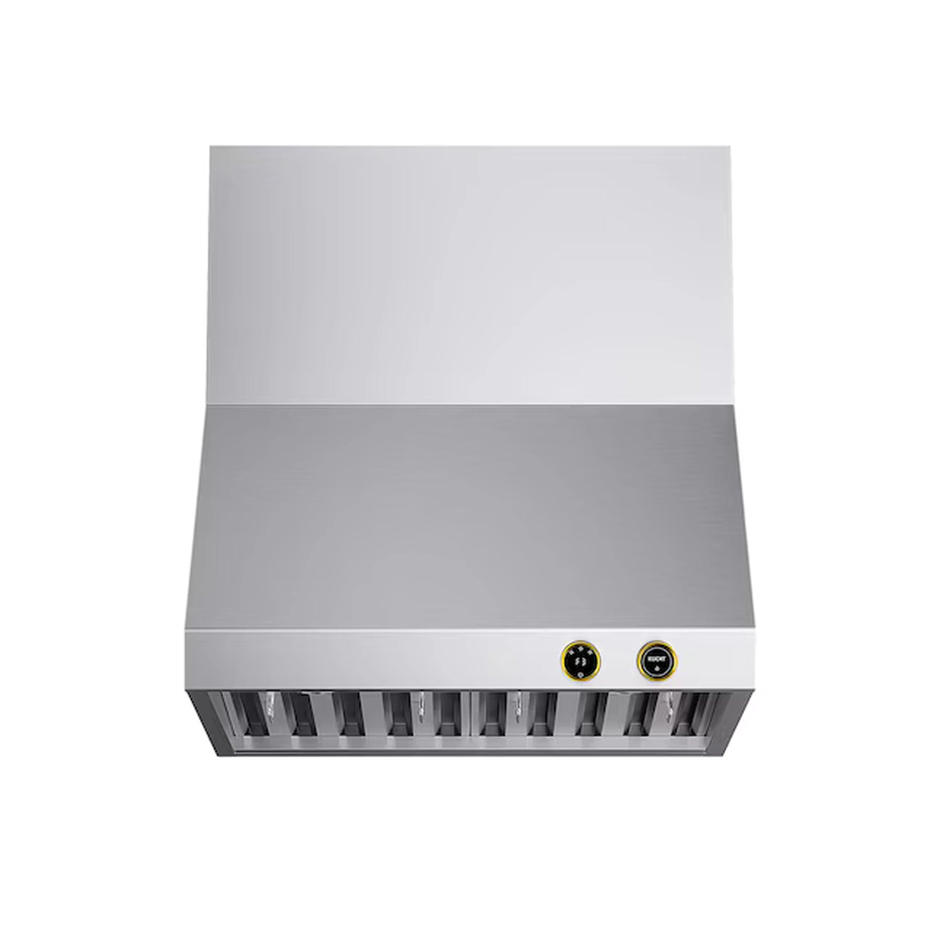 Stainless steel range hood bottom with vent slots and two black control buttons with gold rings