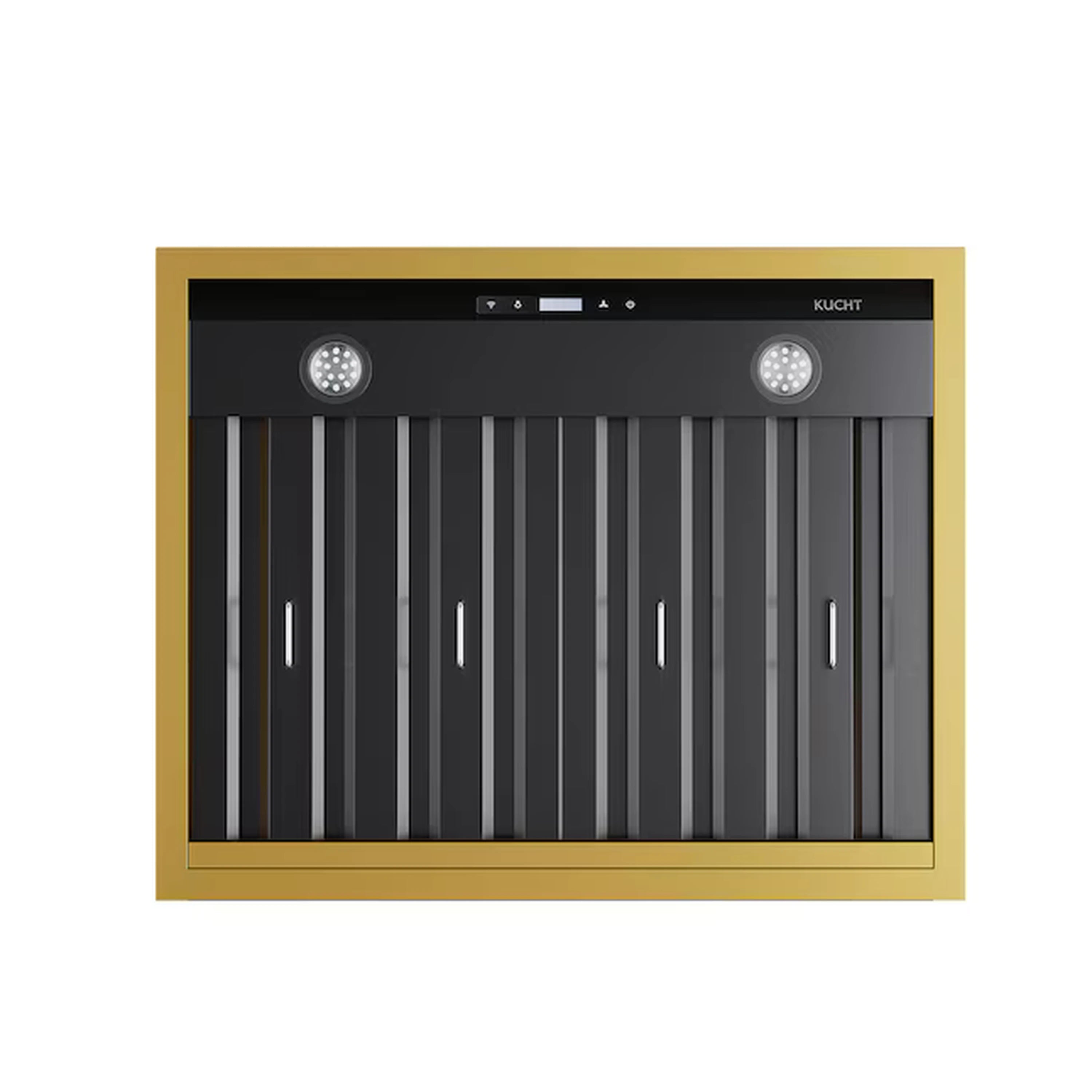 Under-hood view of a dark range hood with vertical baffles and round LED lights