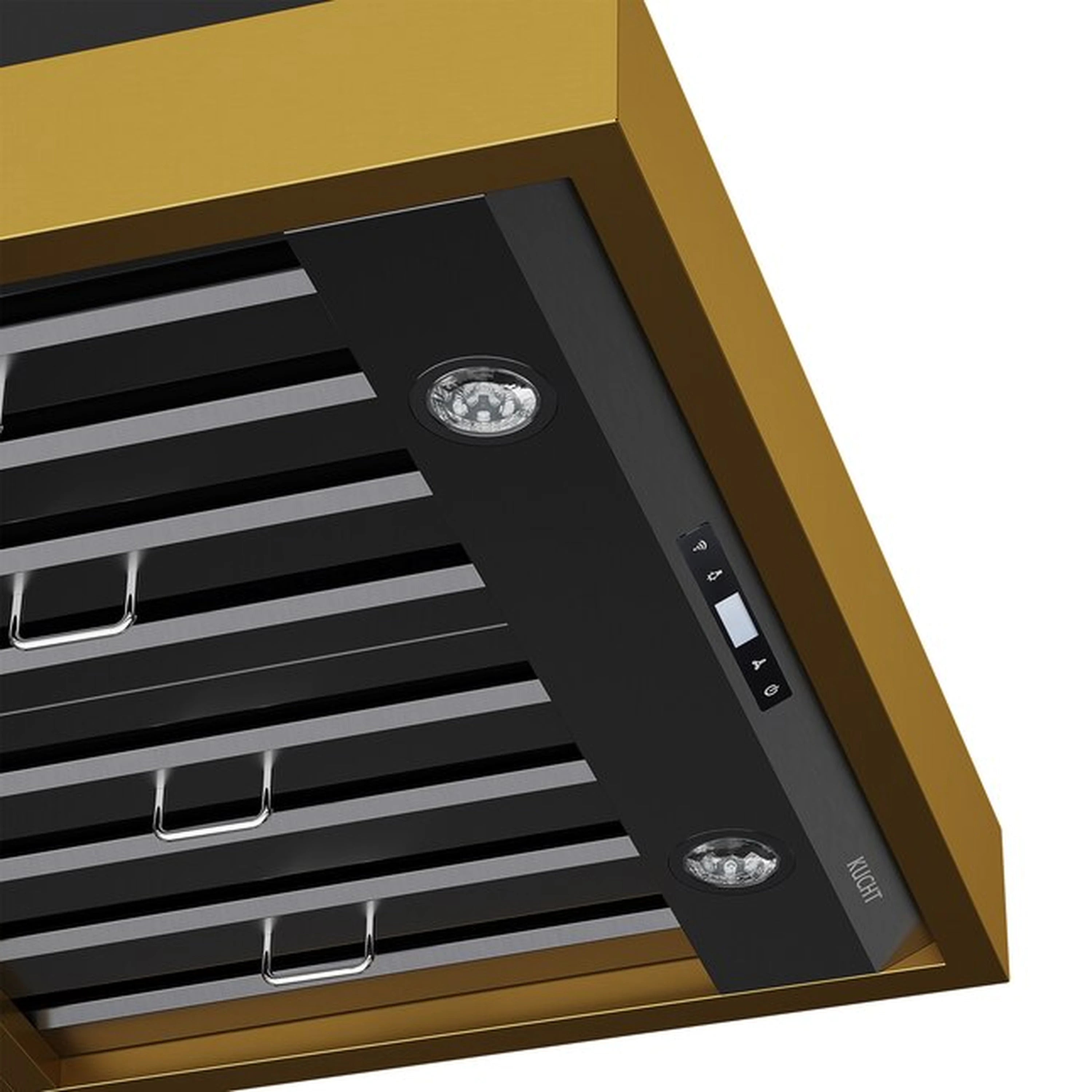 Close-up of dark range hood filters and control buttons on gold-toned trim