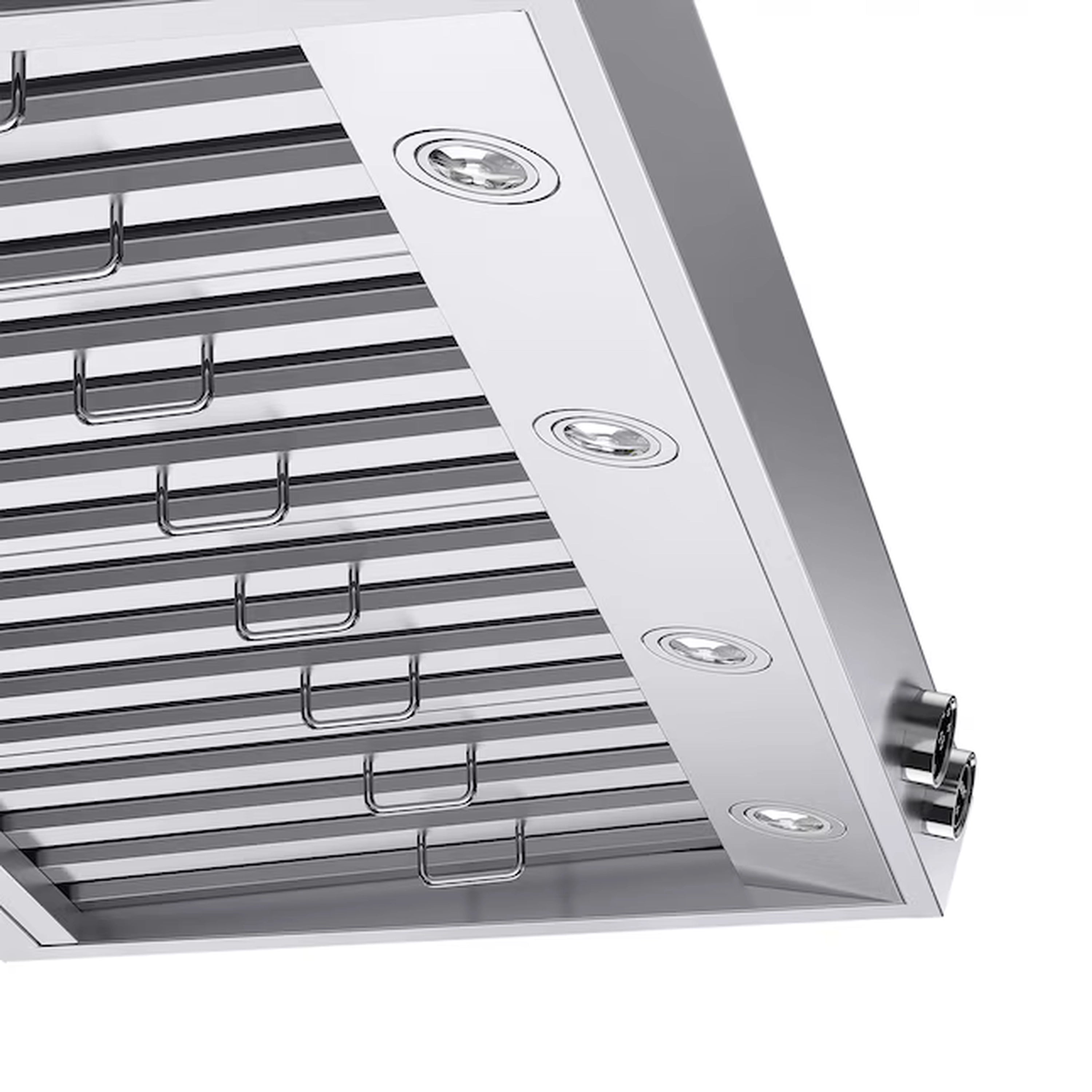 Stainless steel range hood filter grille with four recessed round lights and metal handles