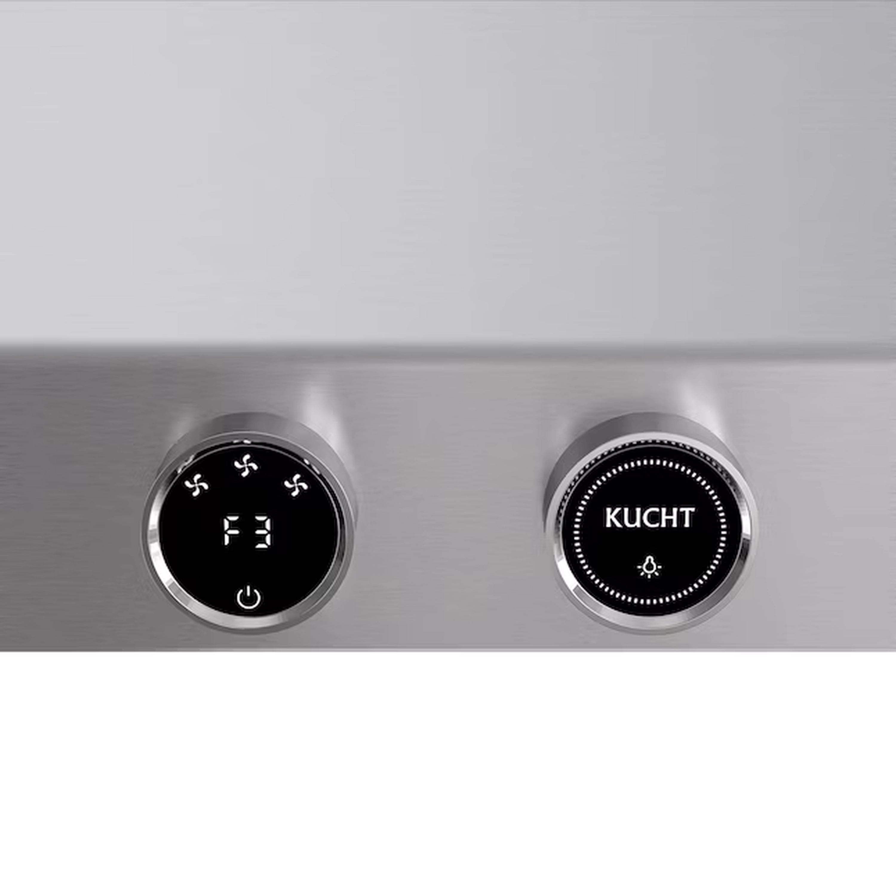 Stainless steel front controls with two circular dials and glowing indicator icons
