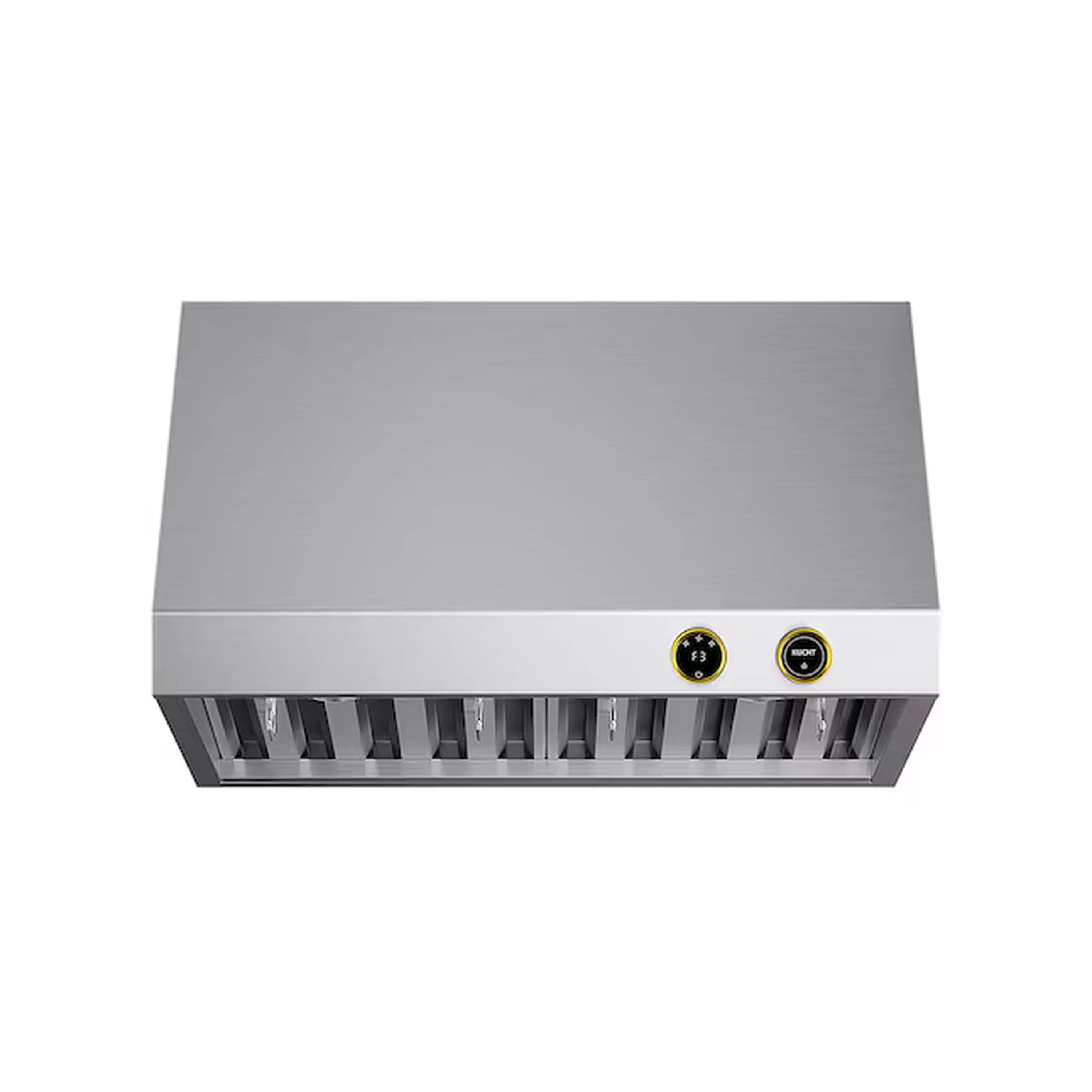 Stainless range hood front with filter slots and two gold-trimmed control buttons