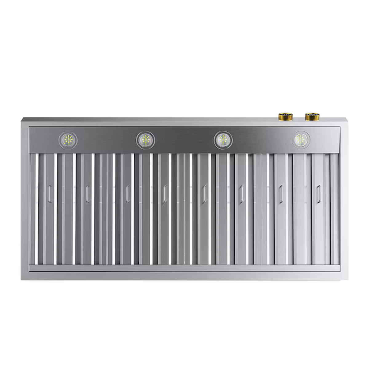 Stainless steel wall range hood with vertical baffle filters and gold-accented circular control buttons