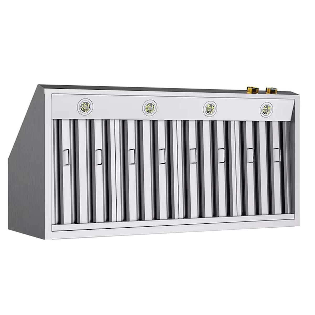 Stainless steel wall range hood front with vertical baffle filters and gold-accented control knobs