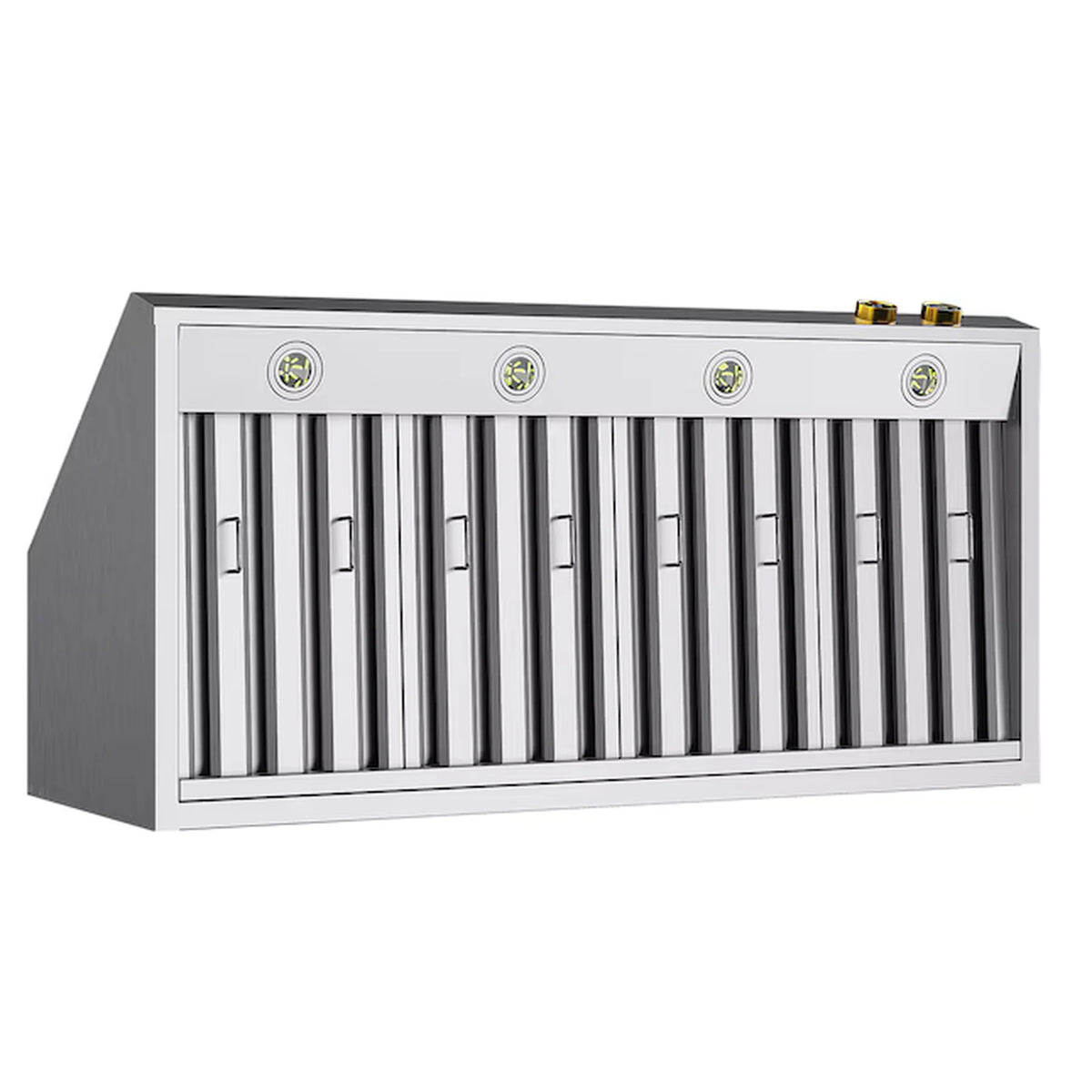 Stainless steel wall mount range hood with vent grille and gold-topped control caps