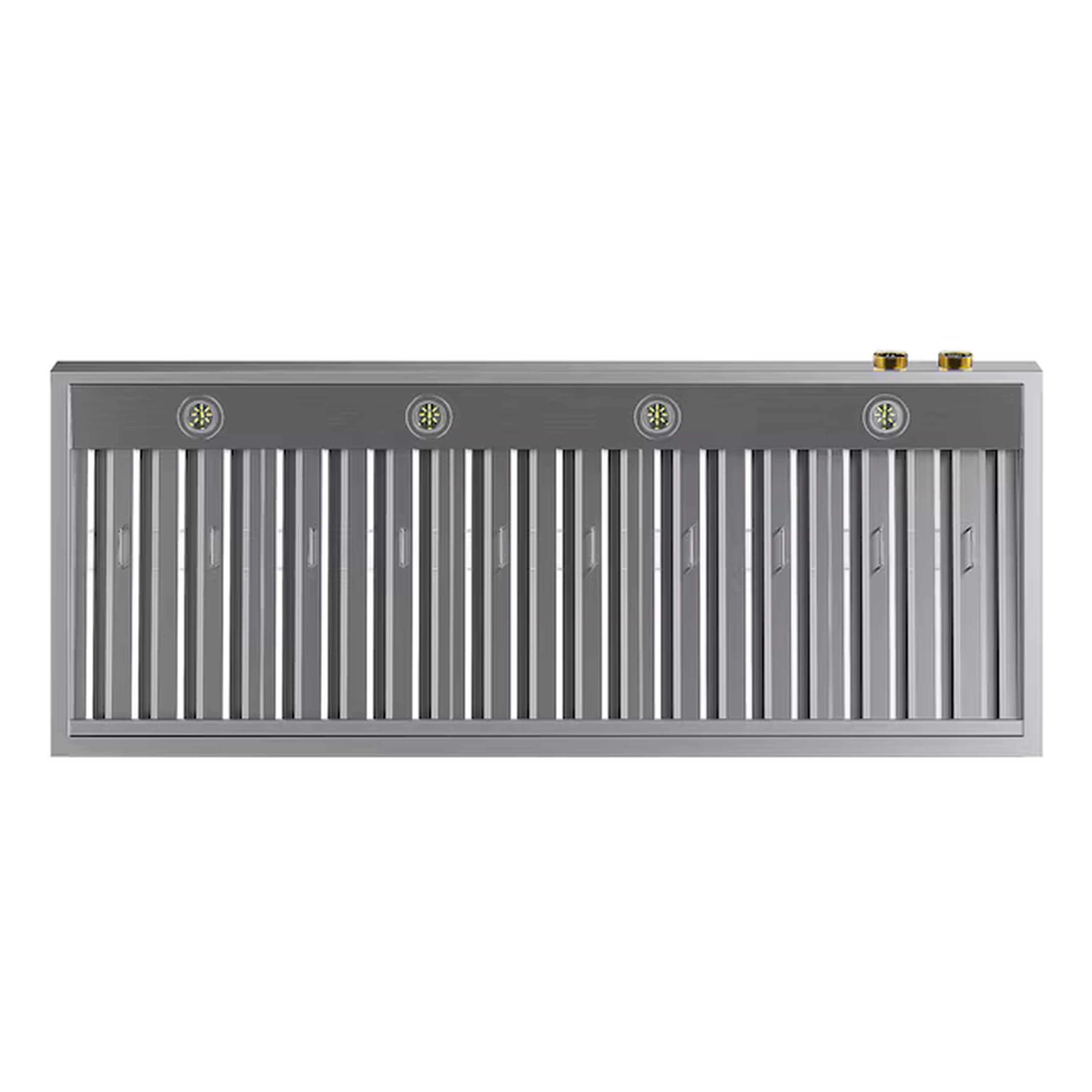Stainless steel ducted range hood with vertical filters and gold-accented controls