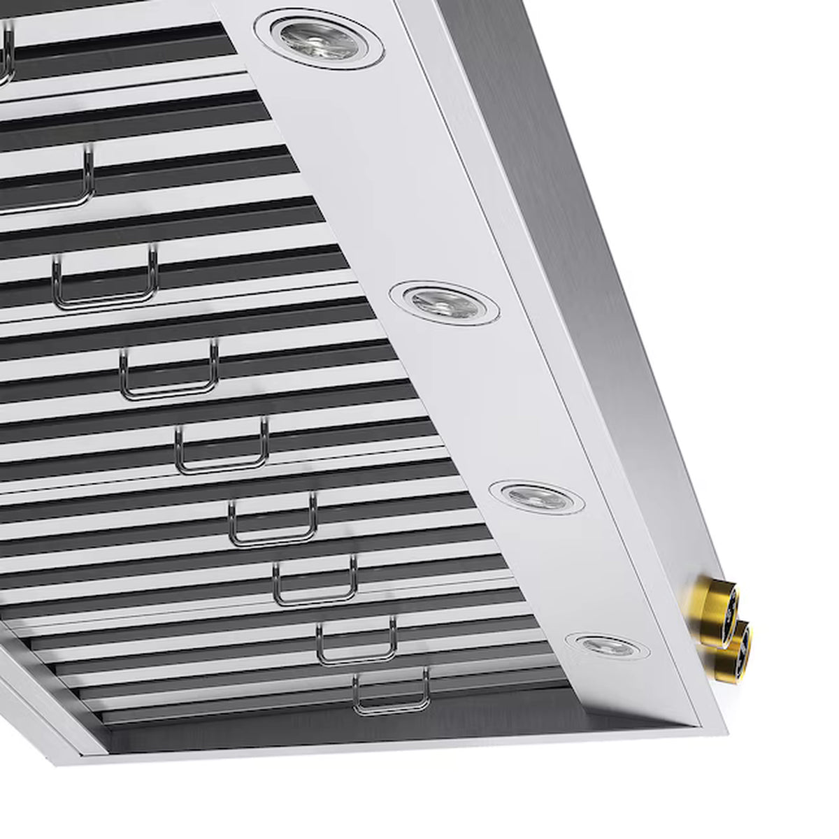 Range hood vent panel with metal filter frame and recessed round fan lights along the edge.