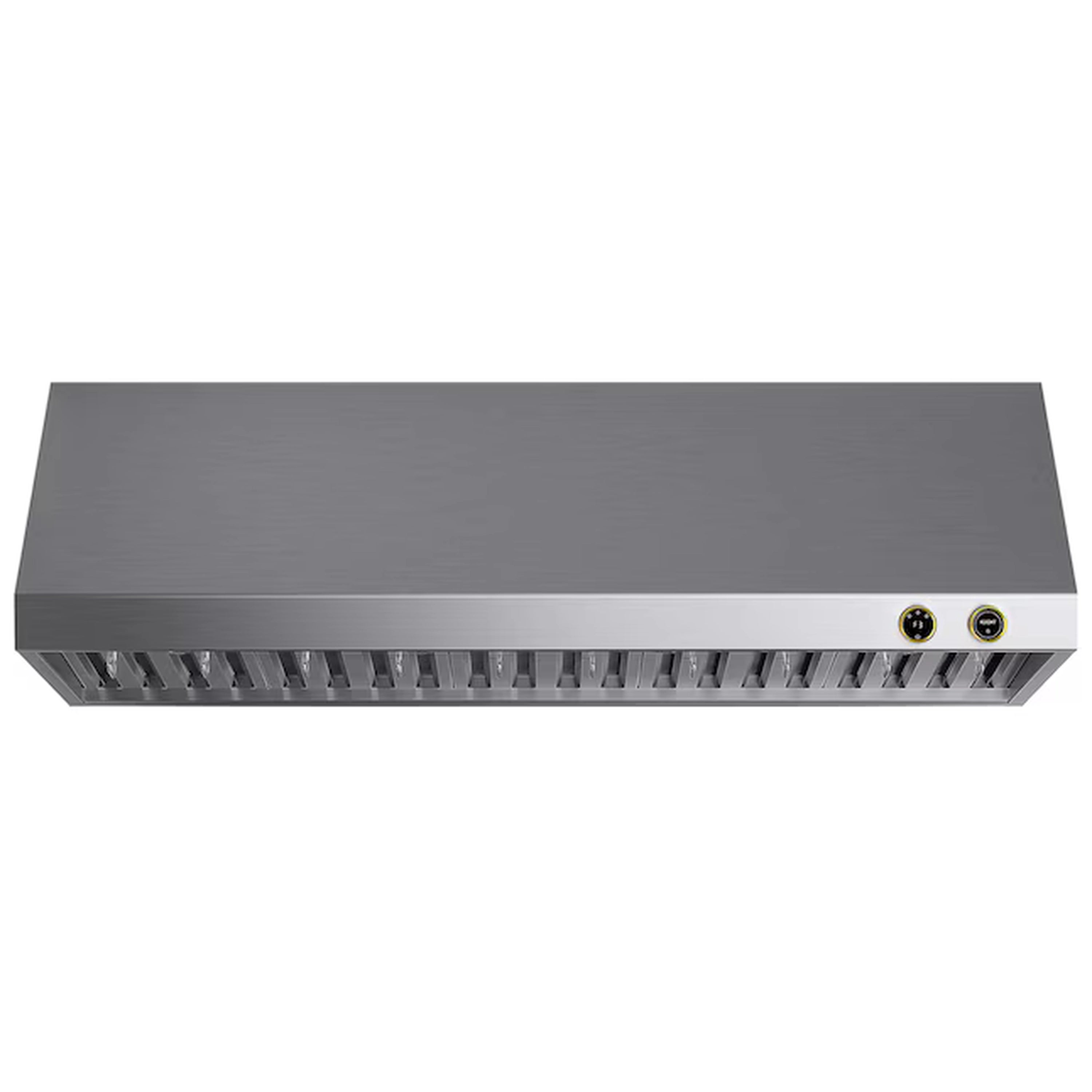 Stainless steel range hood underside with vent slots and two gold-accented controls