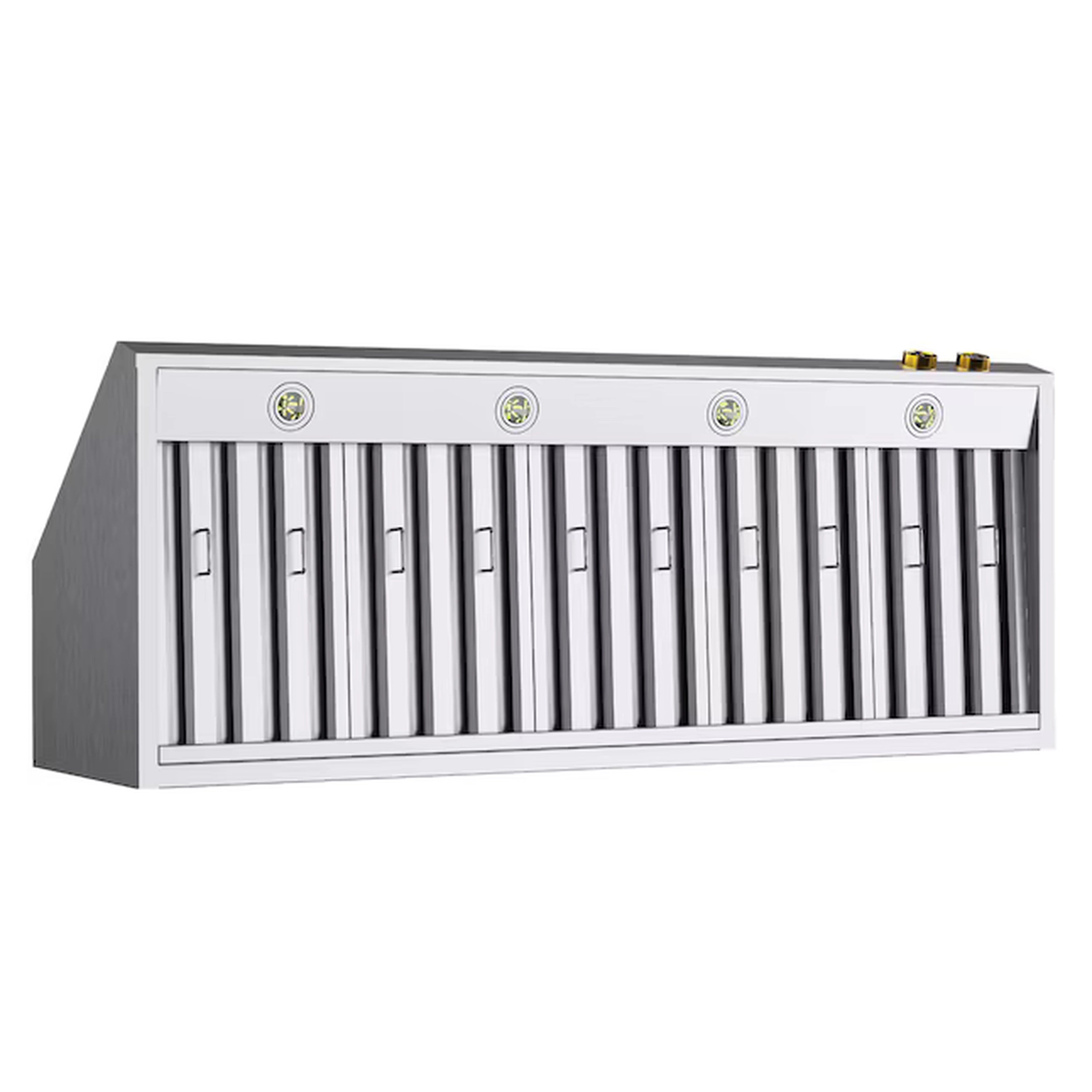 Stainless steel under-cabinet range hood with vertical baffle filters and gold accents