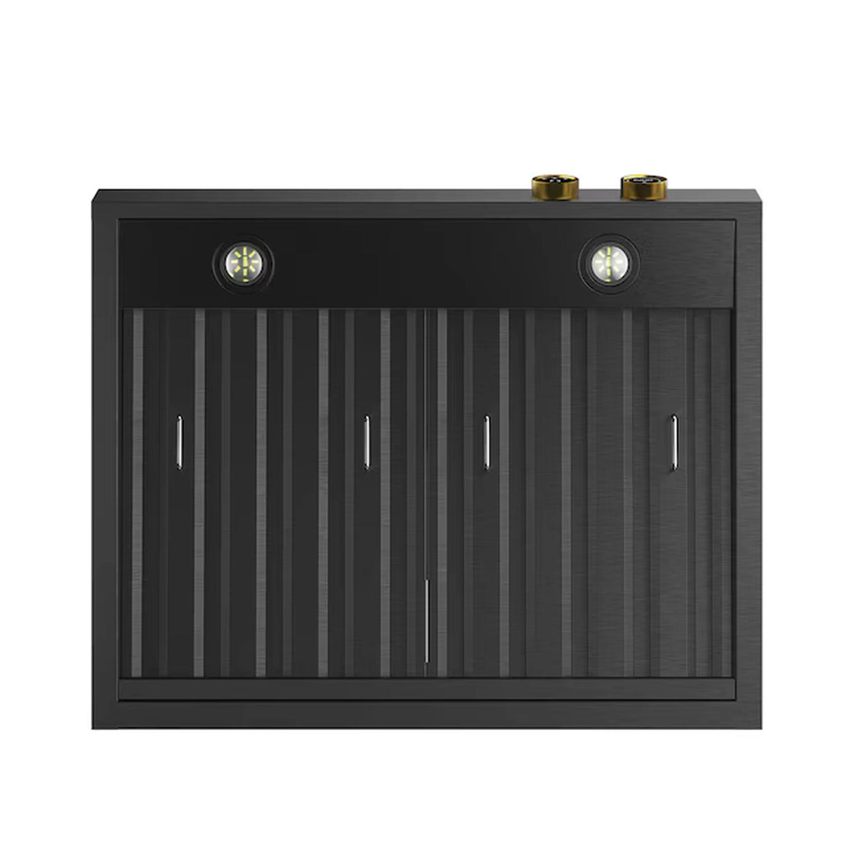 Wall-mount range hood with vertical vent grille and round gold-accent lights