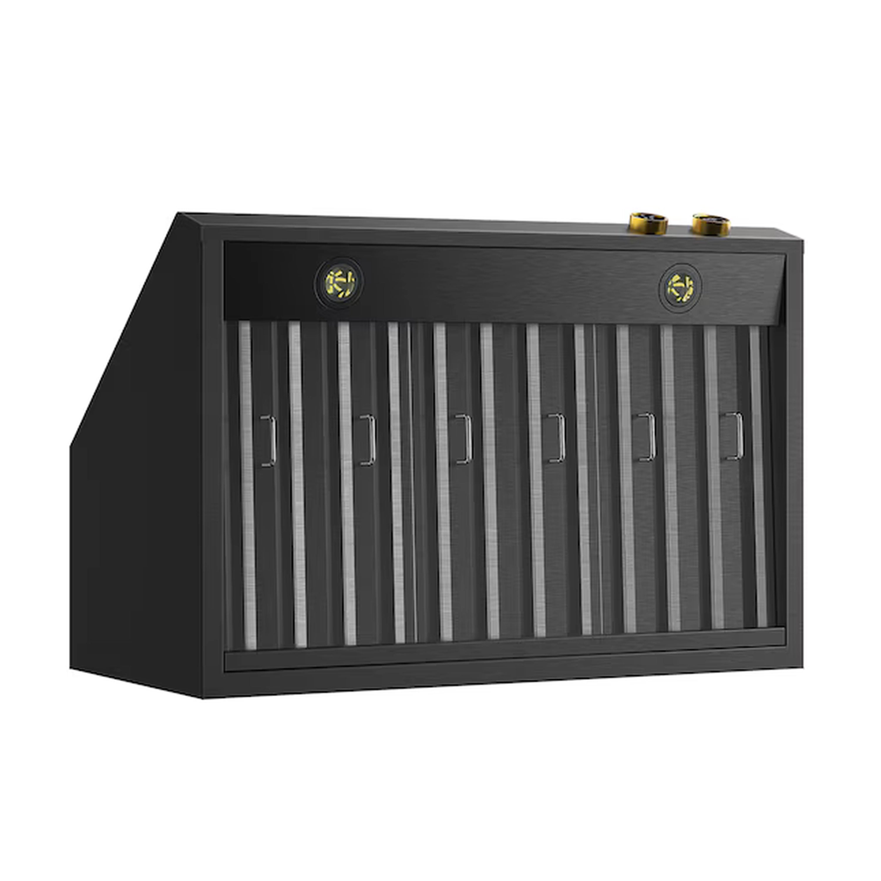 Kucht ducted under-cabinet range hood with black front grille and gold accents