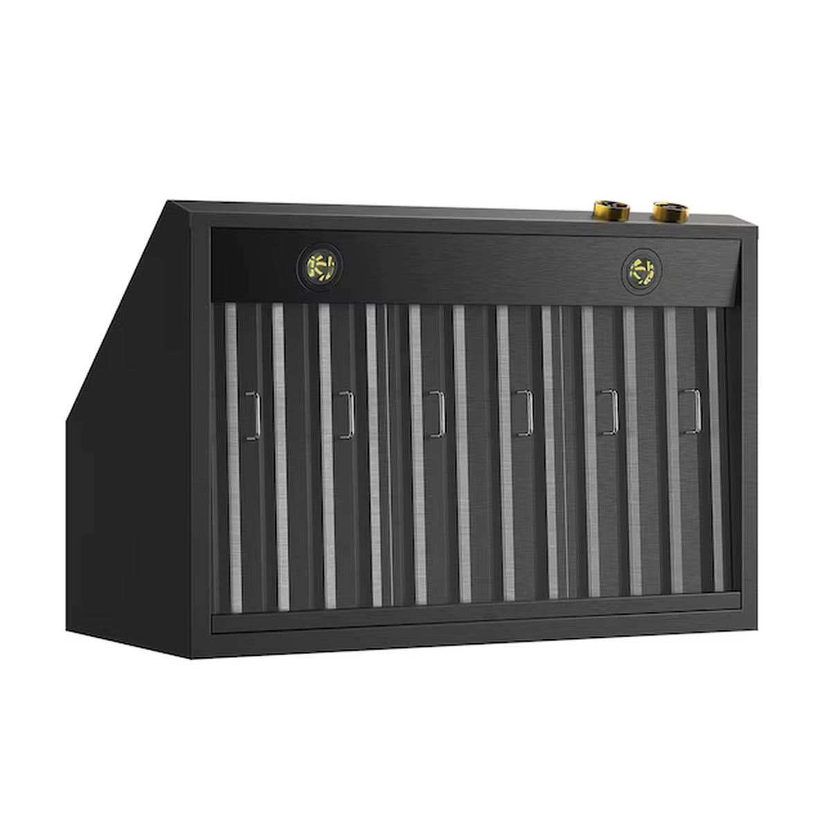 Dark titanium ducted wall range hood with vertical baffle vents and gold accents