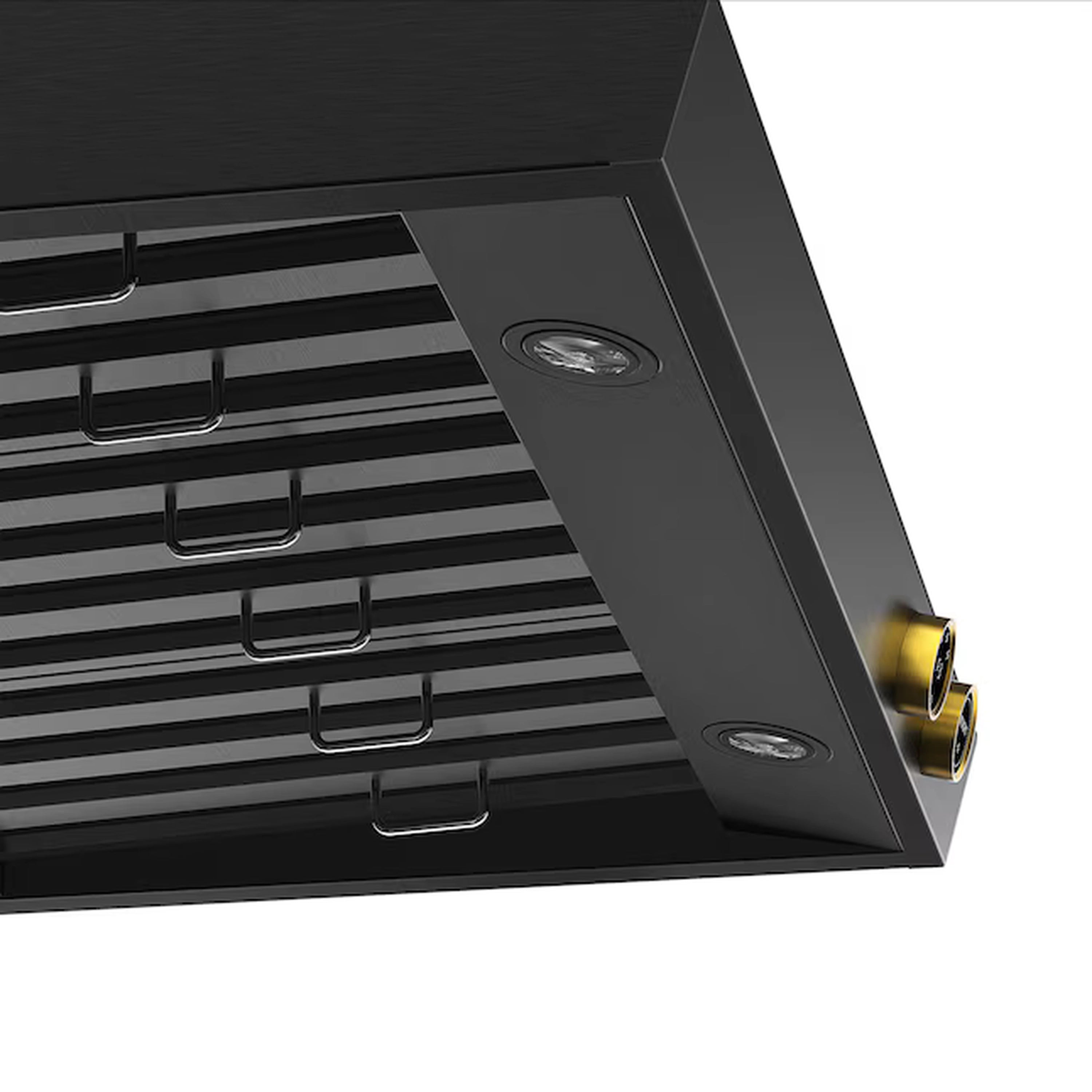 Kucht range hood underside with metal grille and recessed lights