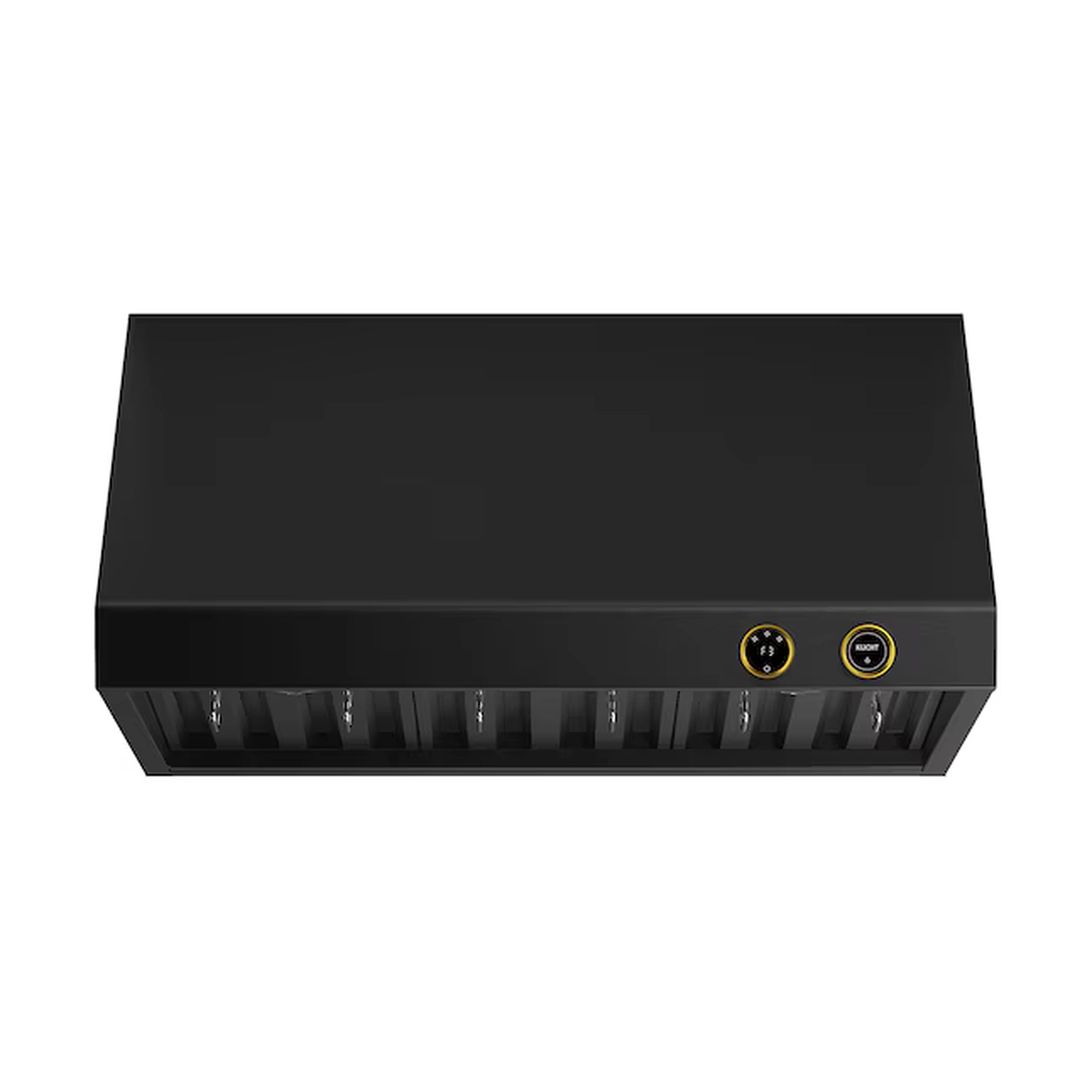 Kucht ducted under-cabinet range hood top view, dark body with gold buttons
