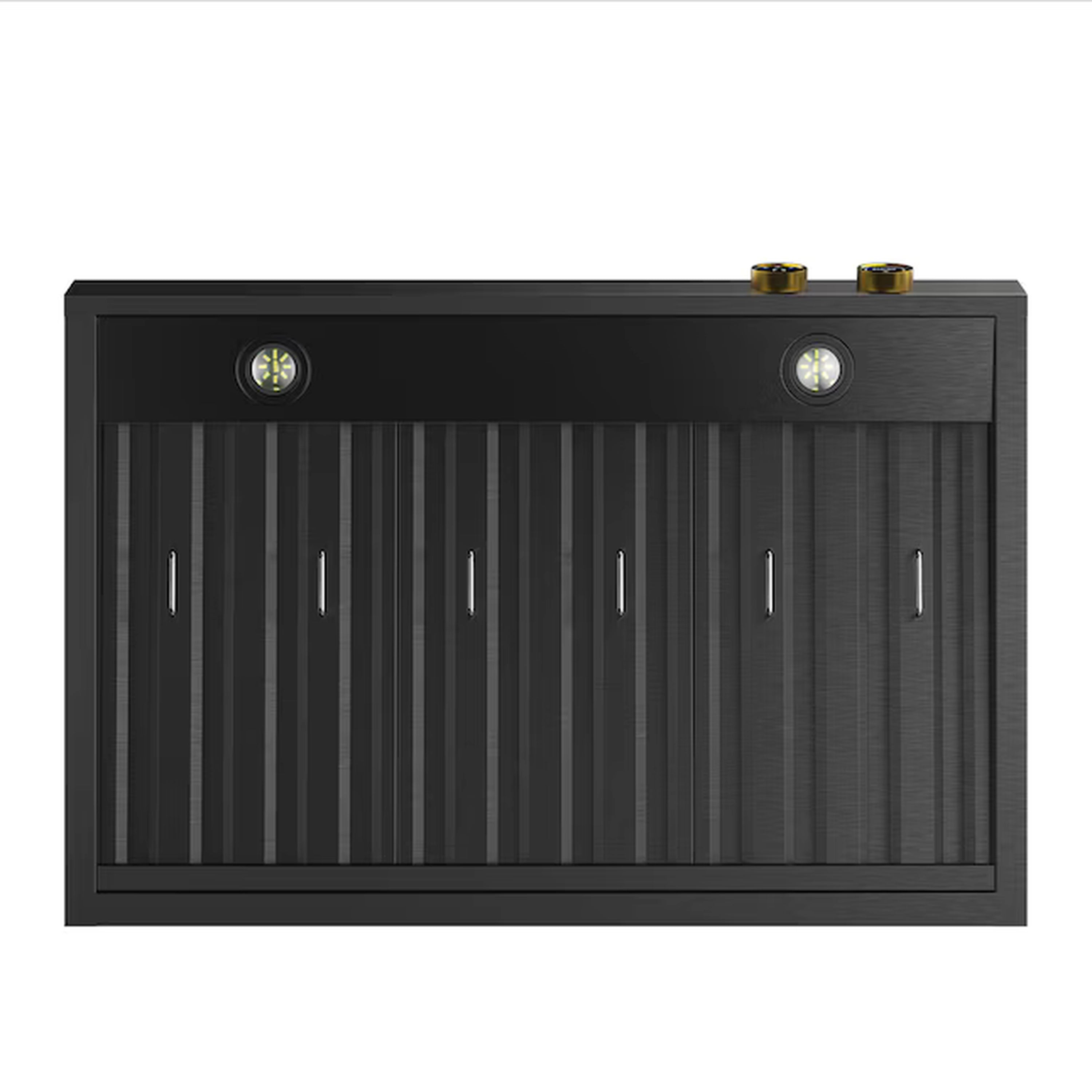 Kucht ducted under-cabinet range hood, dark stainless with gold control buttons
