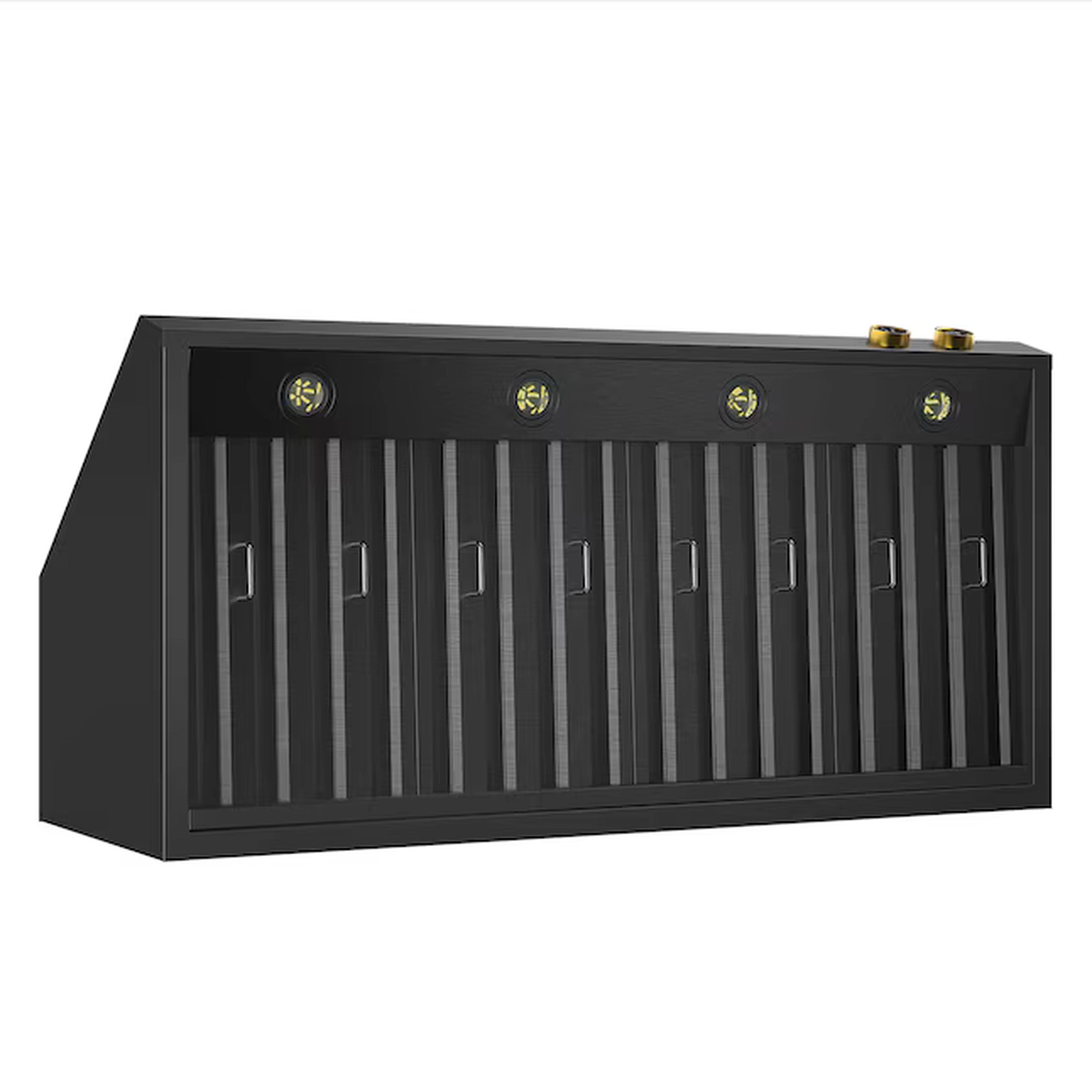 Under-cabinet ducted range hood with dark stainless finish and gold-accented controls