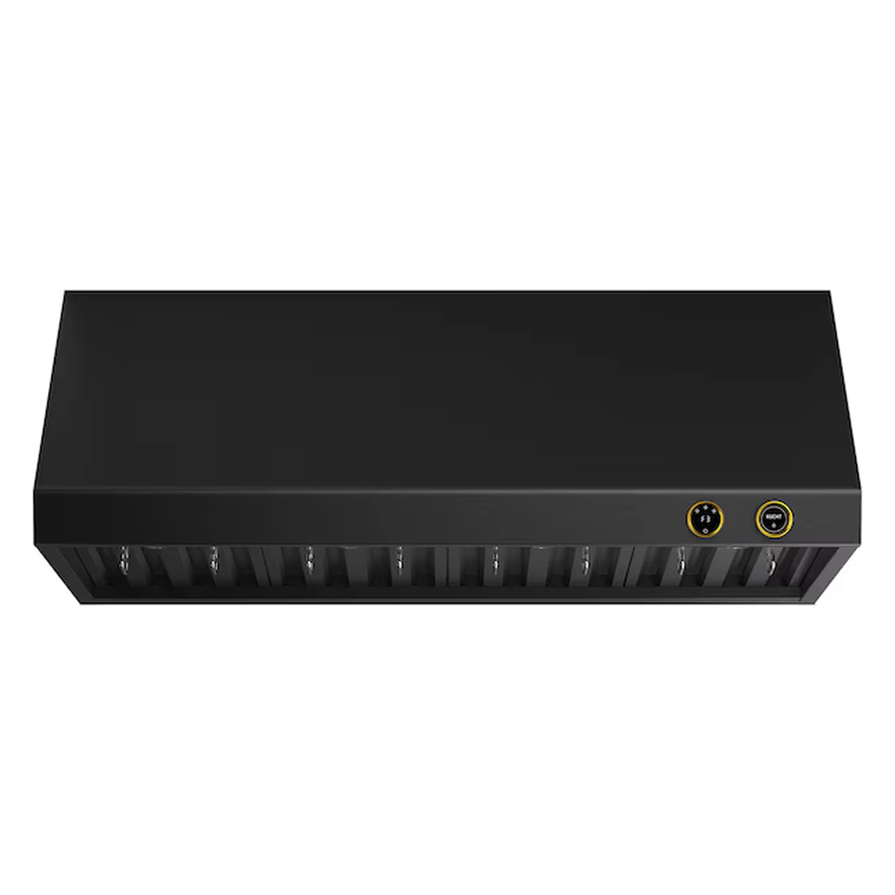 Side view of dark under-cabinet ducted range hood with gold-trimmed control panel