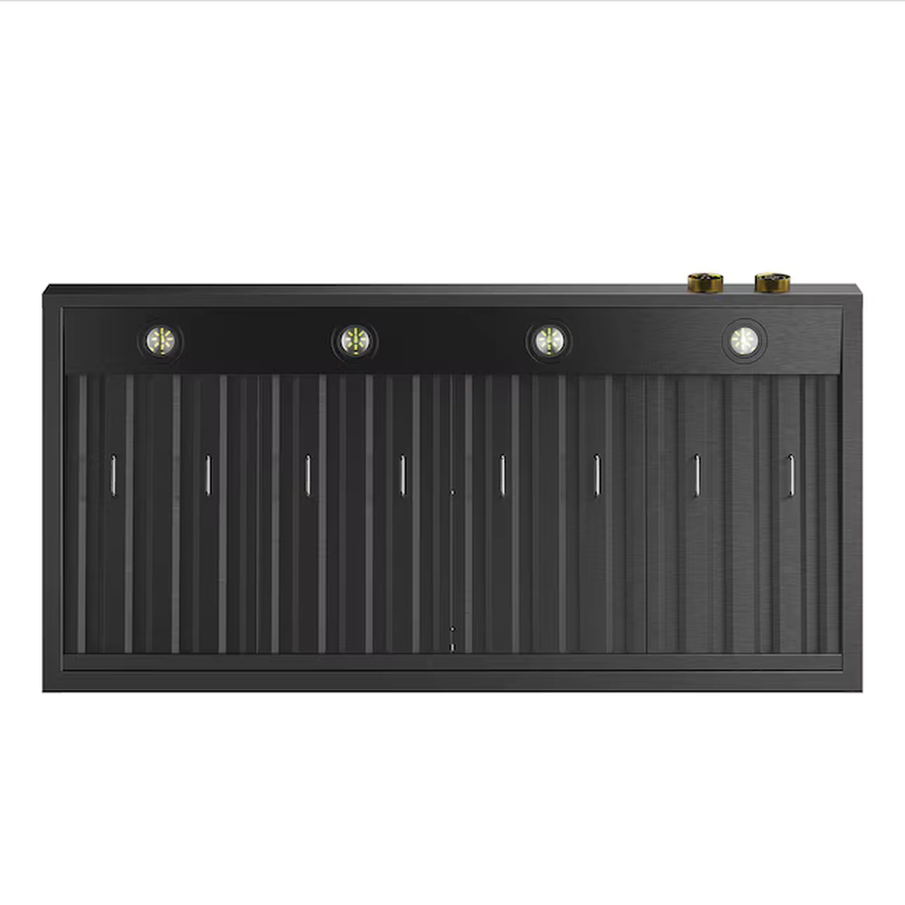 Under-cabinet ducted range hood in dark titanium stainless steel with gold accent trim