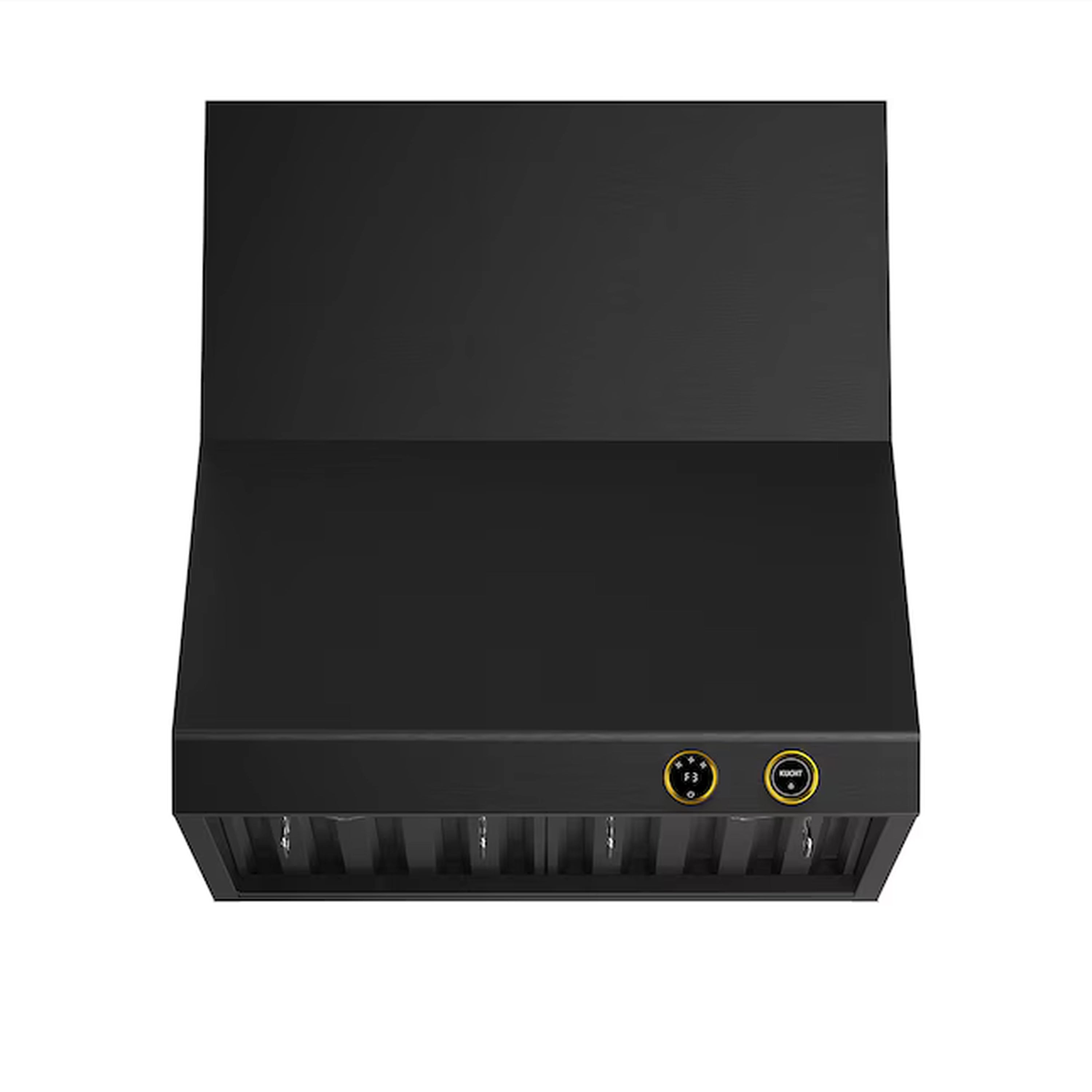 Bottom grille of dark stainless wall mount range hood with gold-accent control buttons