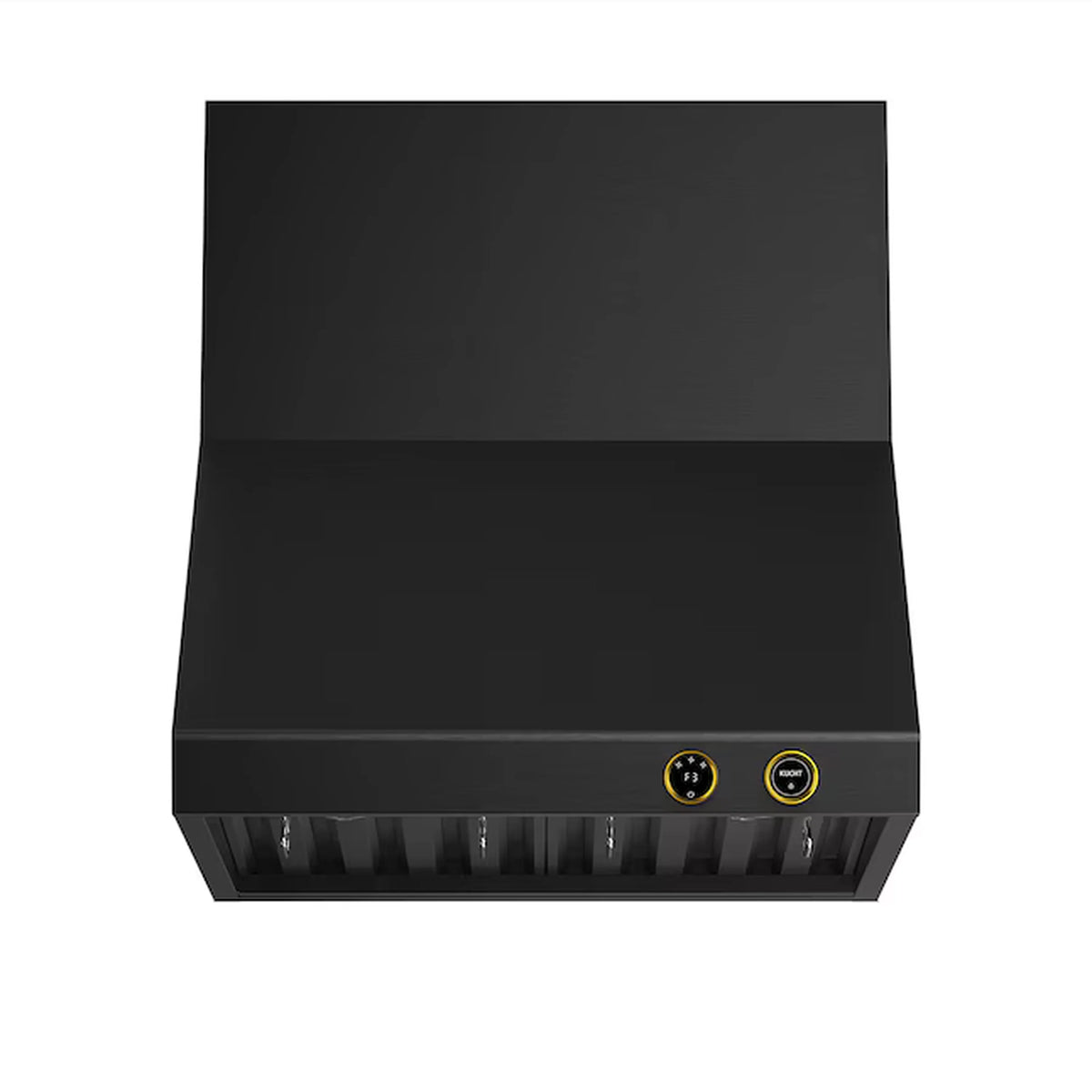 Dark wall mount range hood with slim controls and gold accent buttons