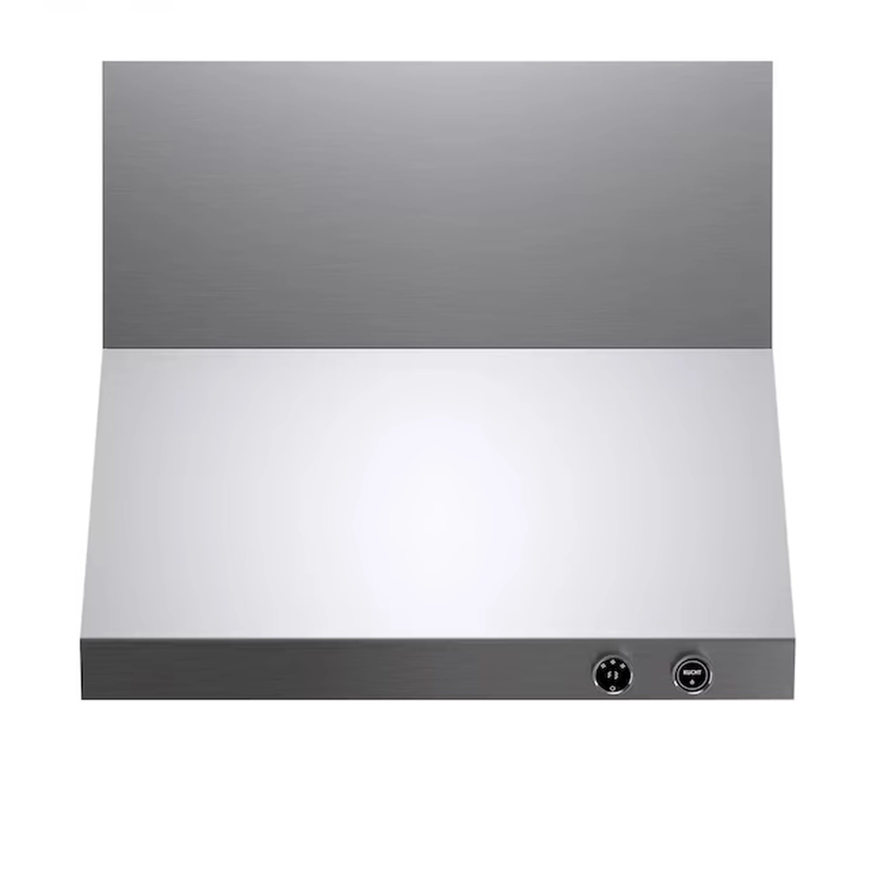 Stainless steel ducted wall range hood with control buttons on lower panel