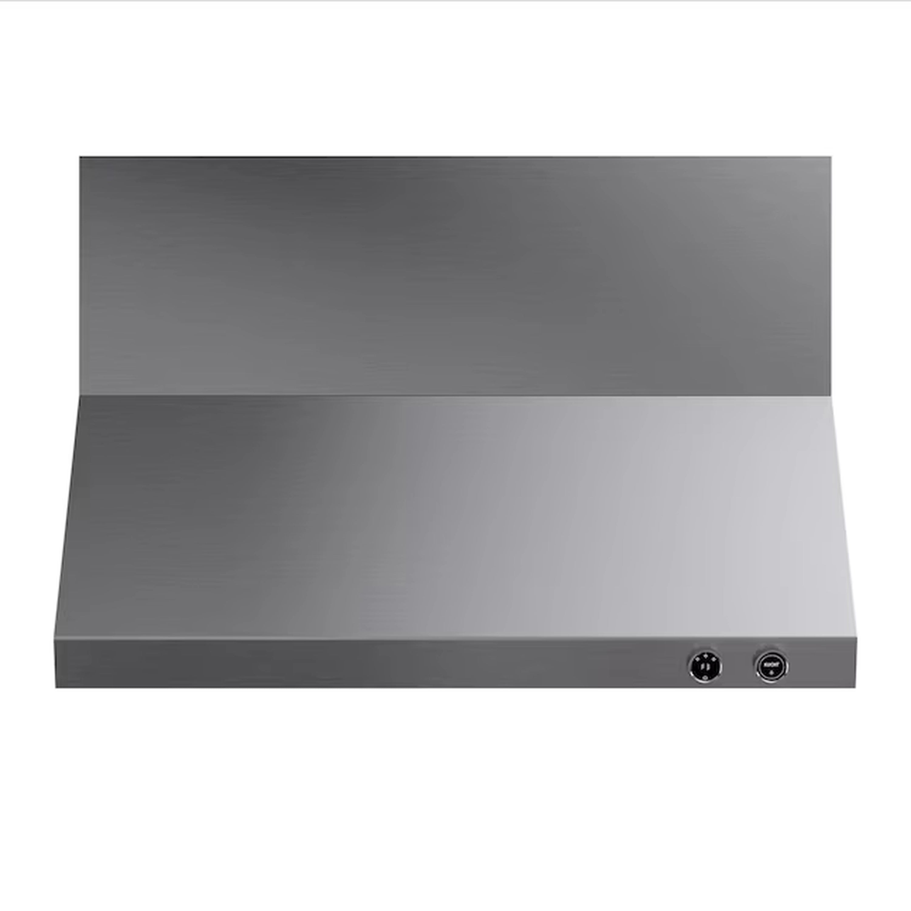 Stainless steel wall mount range hood canopy with two round control icons at bottom