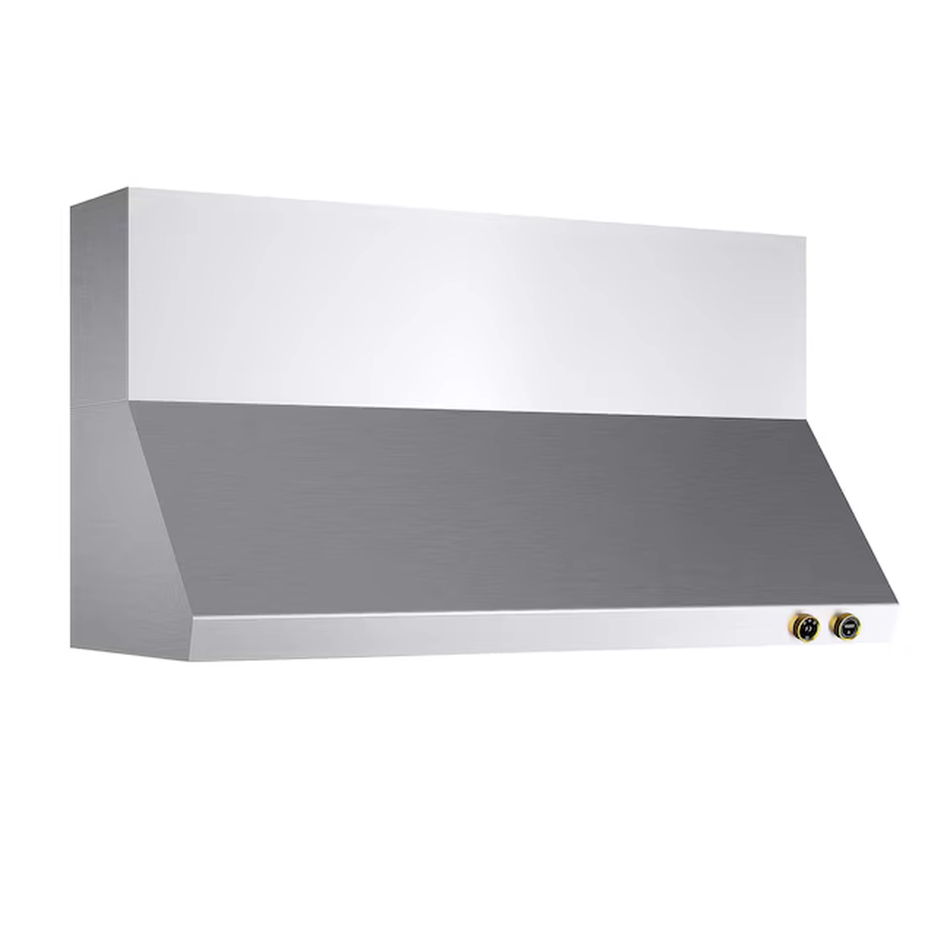 Stainless steel ducted wall range hood with gold-accent buttons on the front right side.